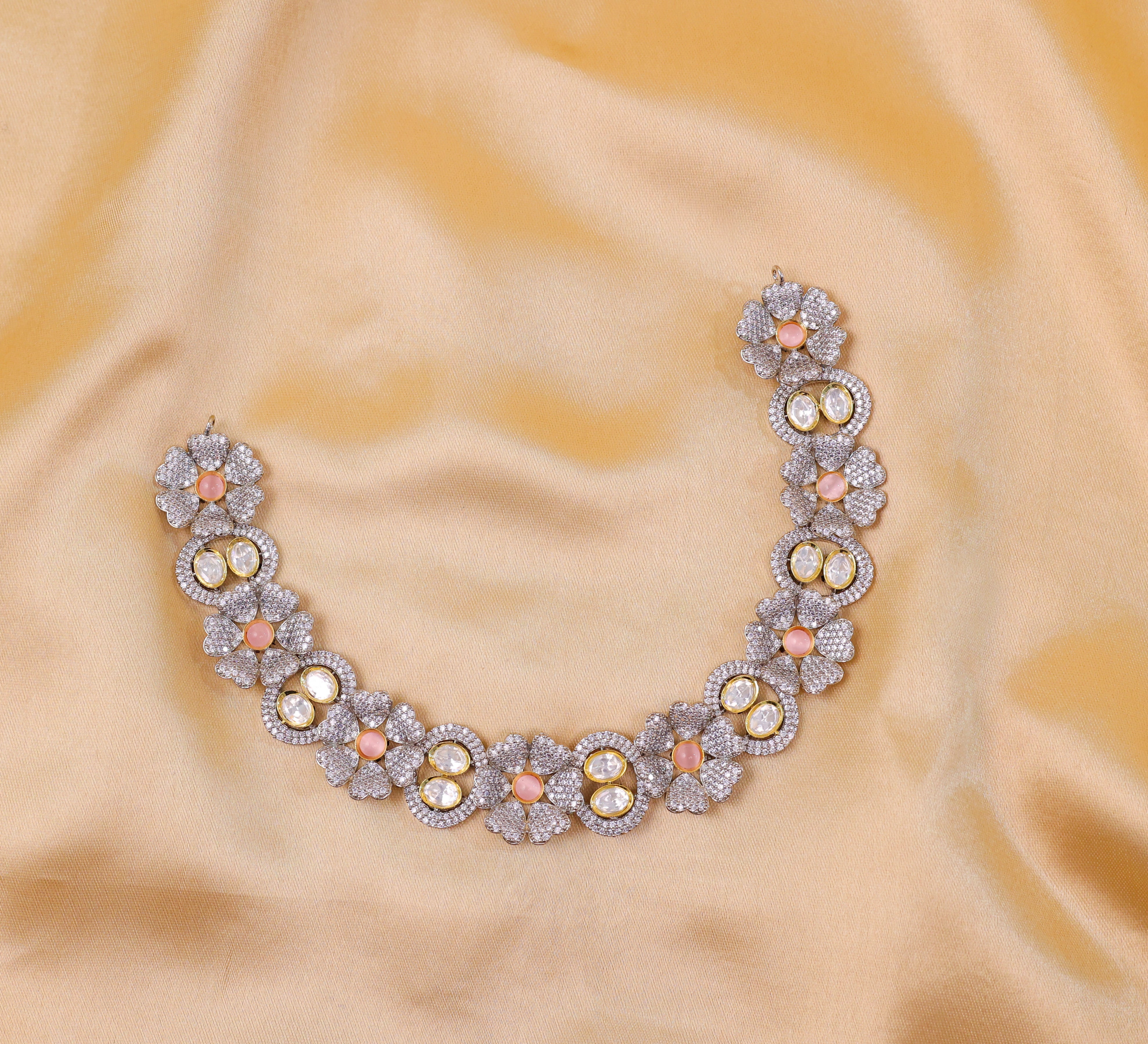 Kundan Polki and Hydro Stones Necklace Set in Antique Silver - Adisha Jewels