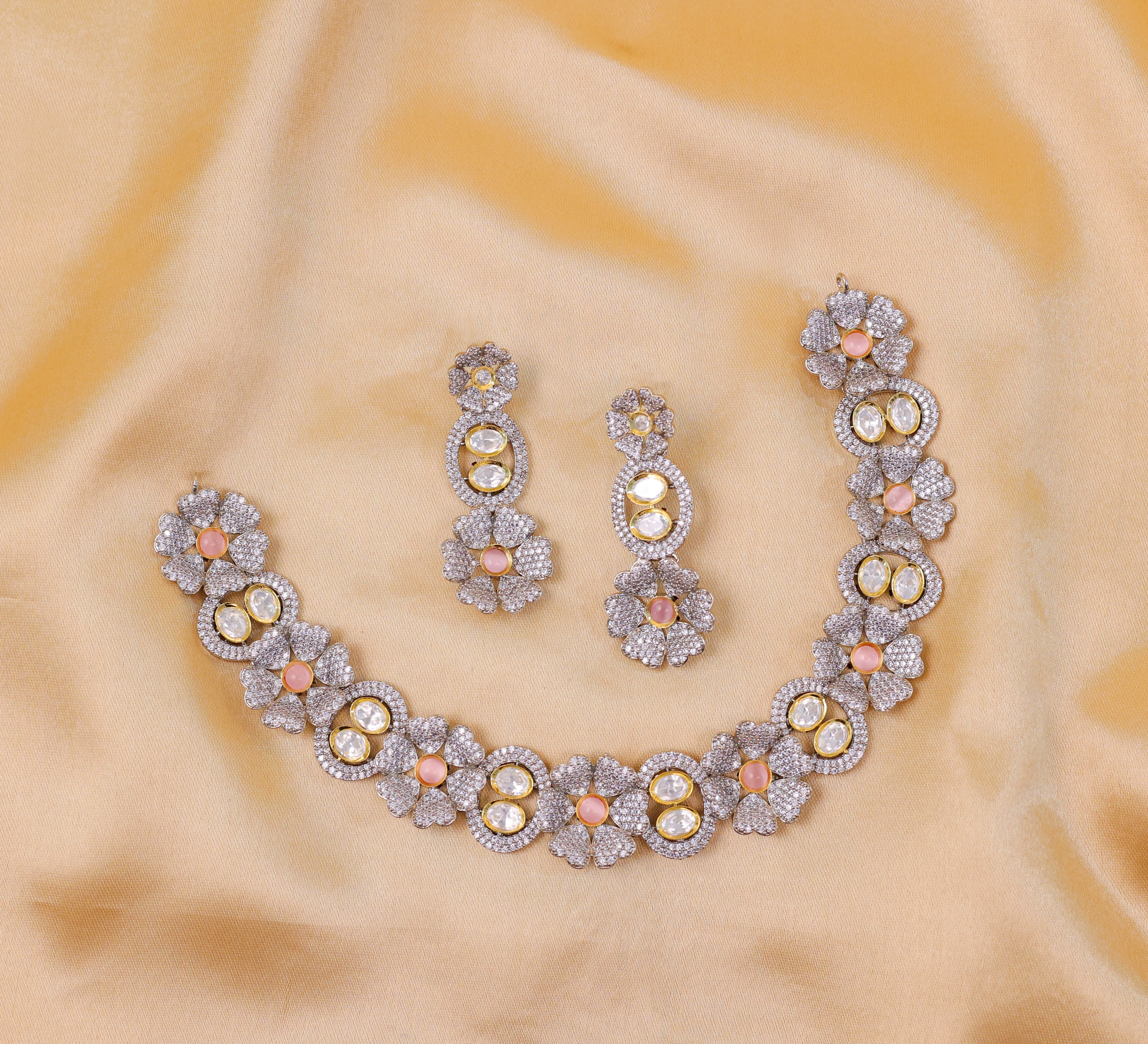 Kundan Polki and Hydro Stones Necklace Set in Antique Silver - Adisha Jewels