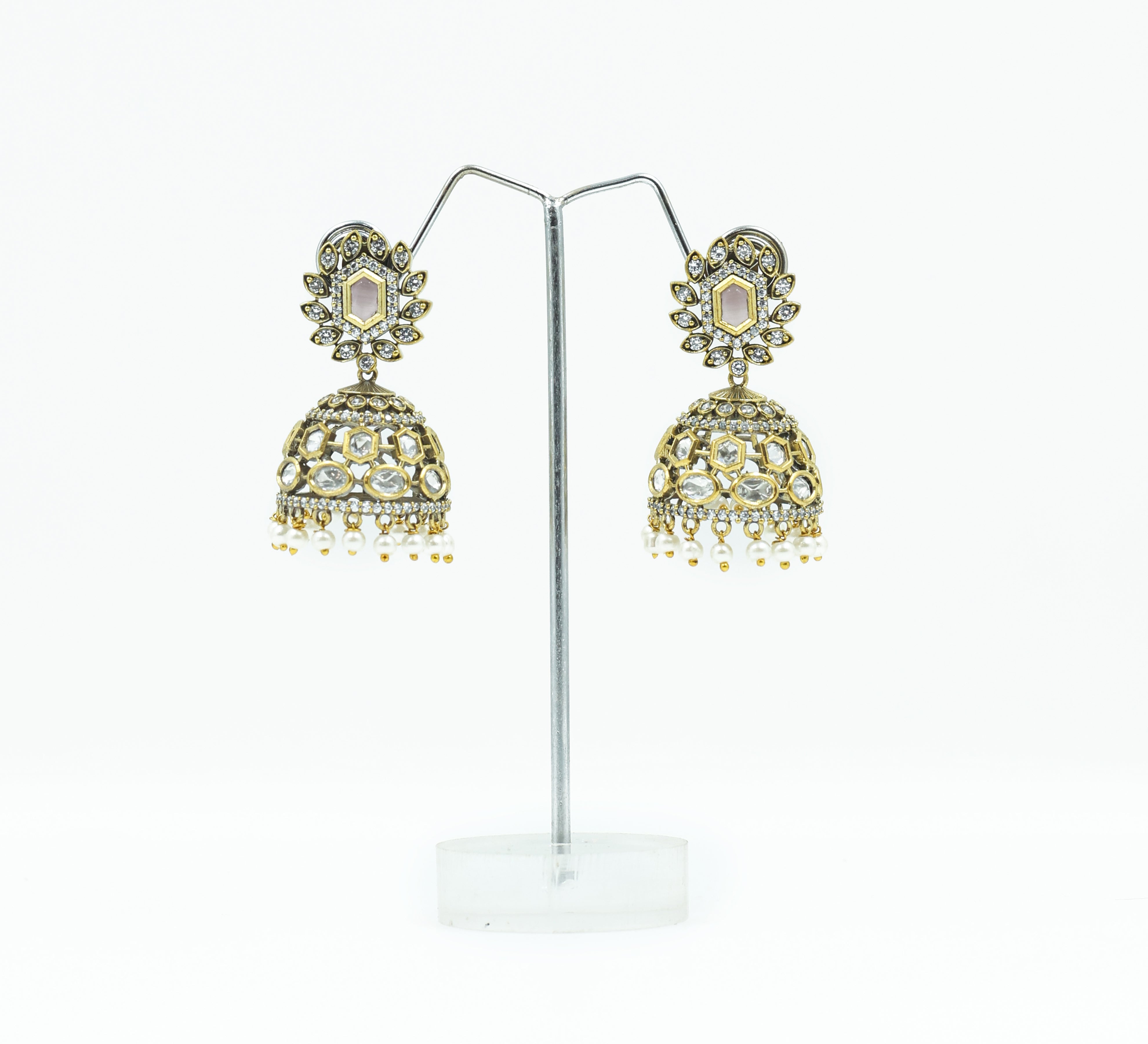 Silver Foil Victorian Jhumki Earrings with Kundan Polki and Hydro Stones - Adisha Jewels