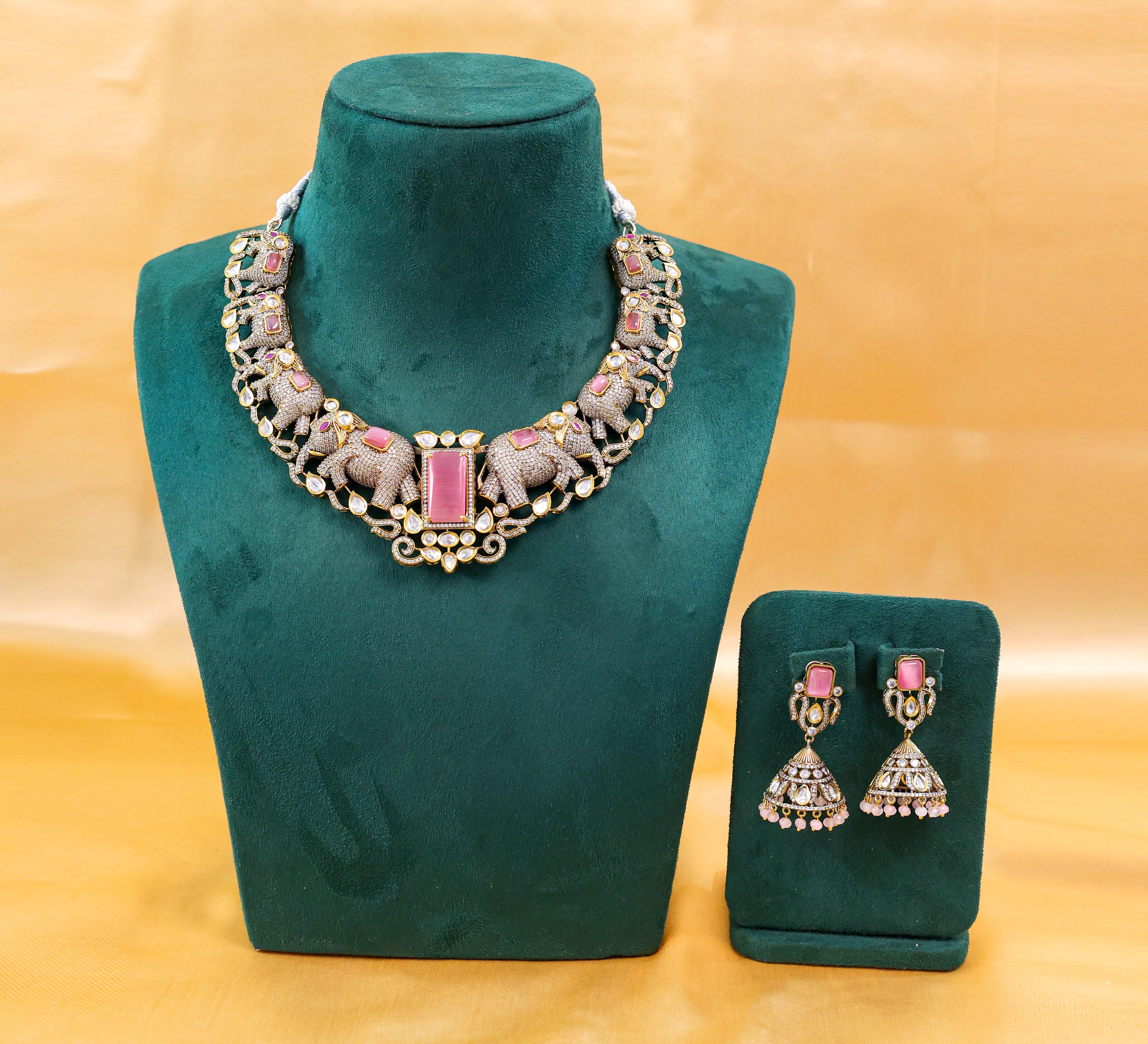 Victorian-Inspired Kundan Polki Necklace Set with Hydro Stones - Adisha Jewels