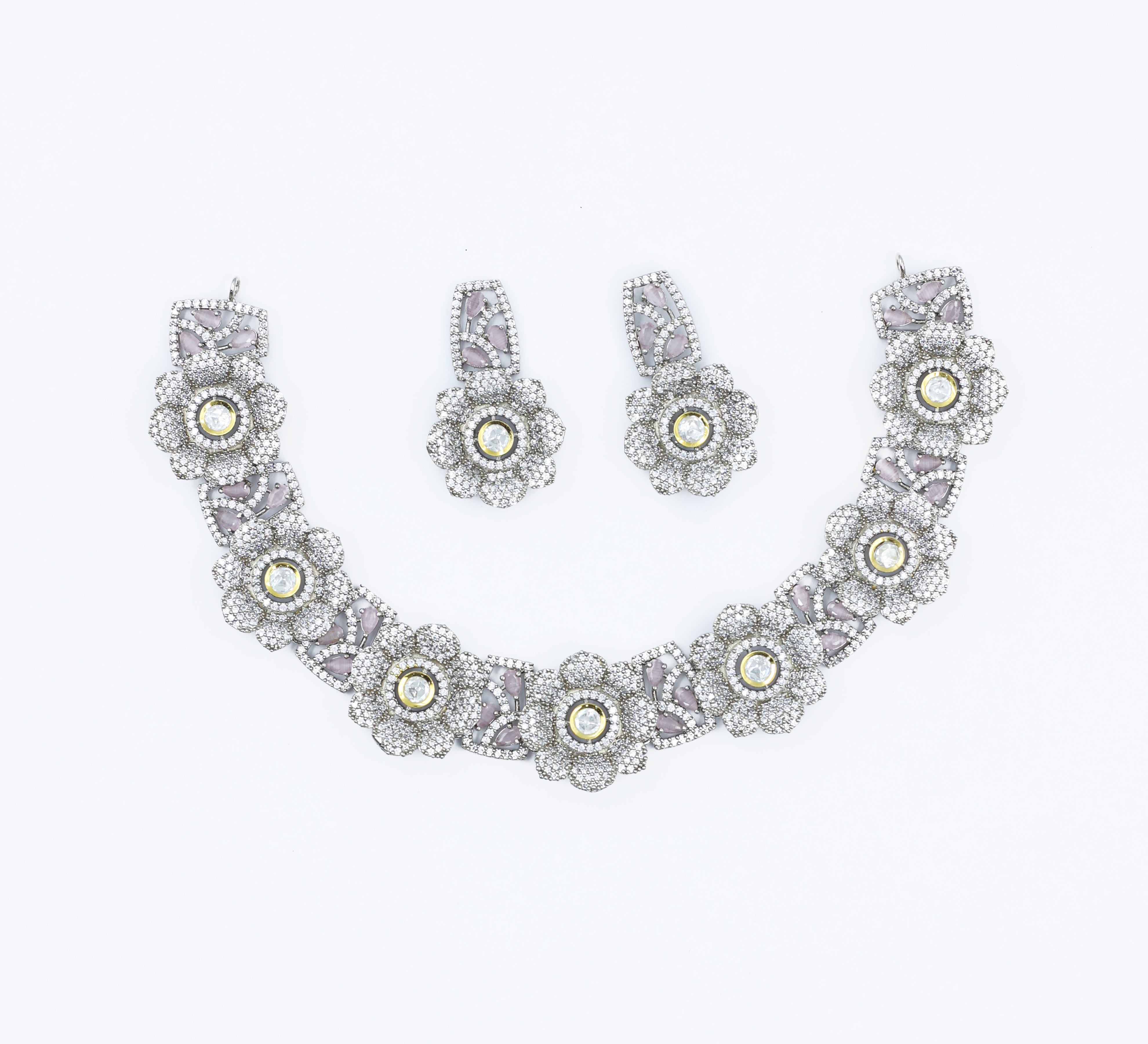 Kundan Polki and Hydro Stones Necklace Set in Antique Silver - Adisha Jewels