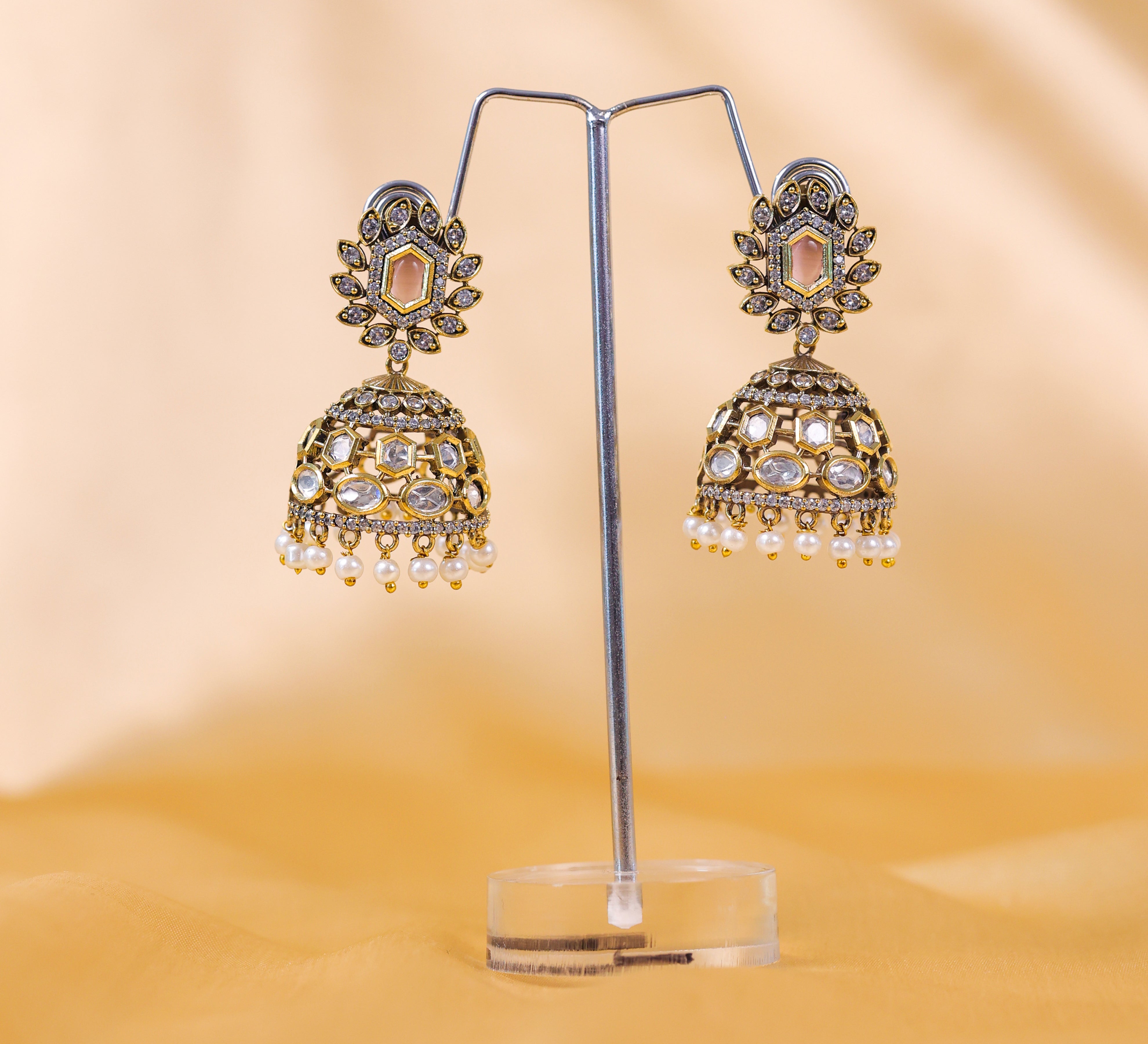 Silver Foil Victorian Jhumki Earrings with Kundan Polki and Hydro Stones - Adisha Jewels