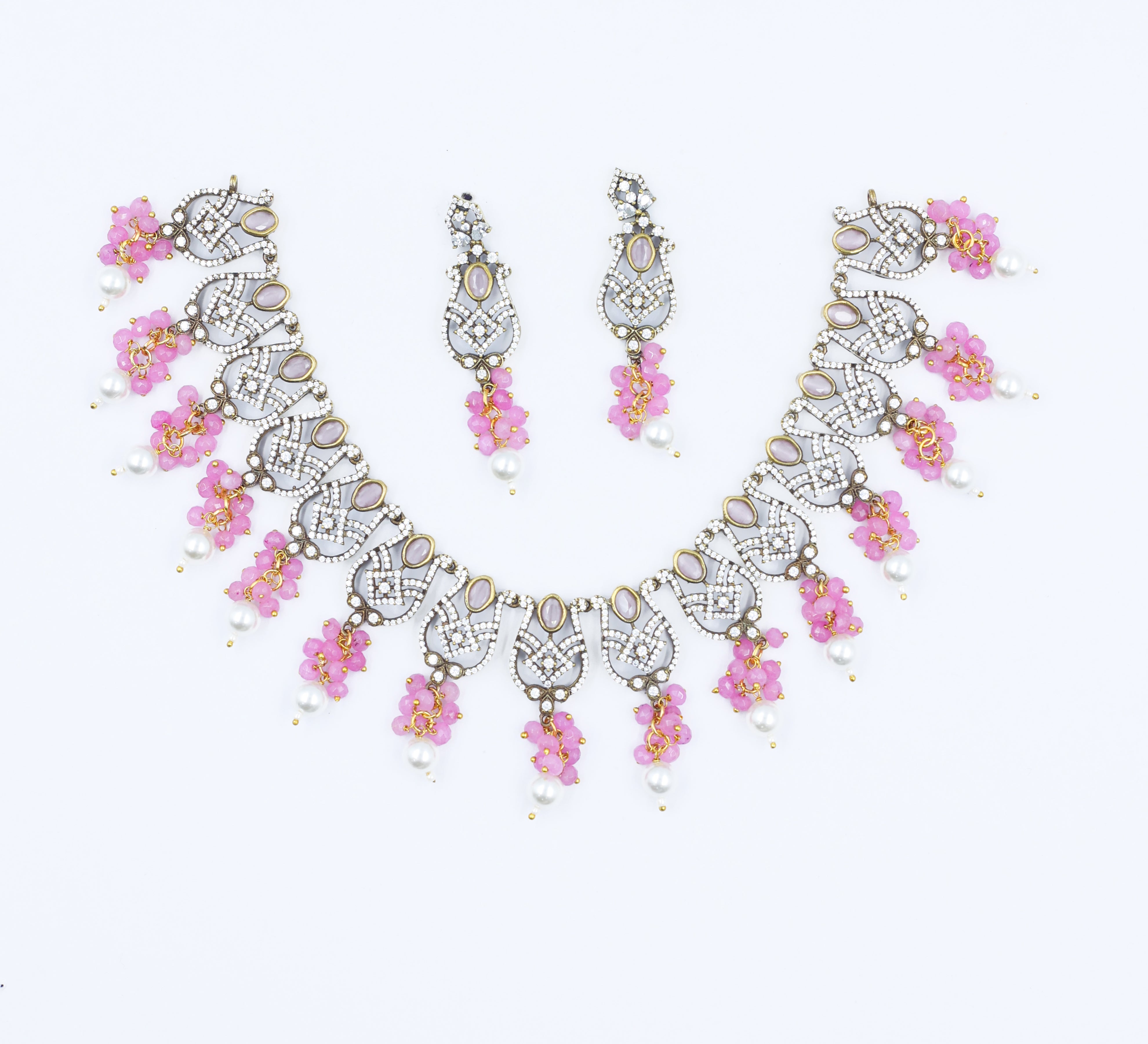 Victorian Antique Necklace Set with Colored Stones and American Diamonds - Adisha Jewels