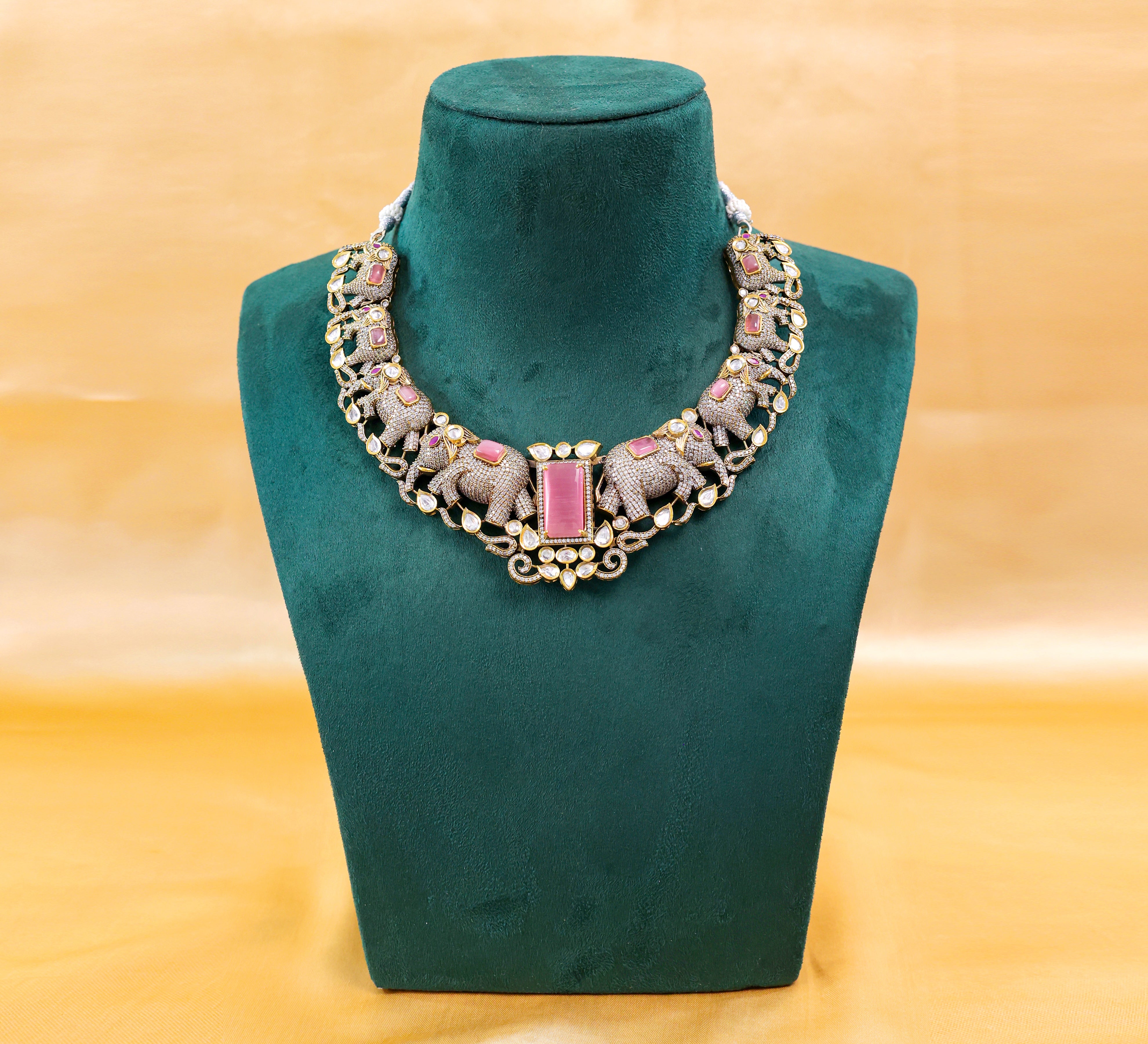 Victorian-Inspired Kundan Polki Necklace Set with Hydro Stones - Adisha Jewels