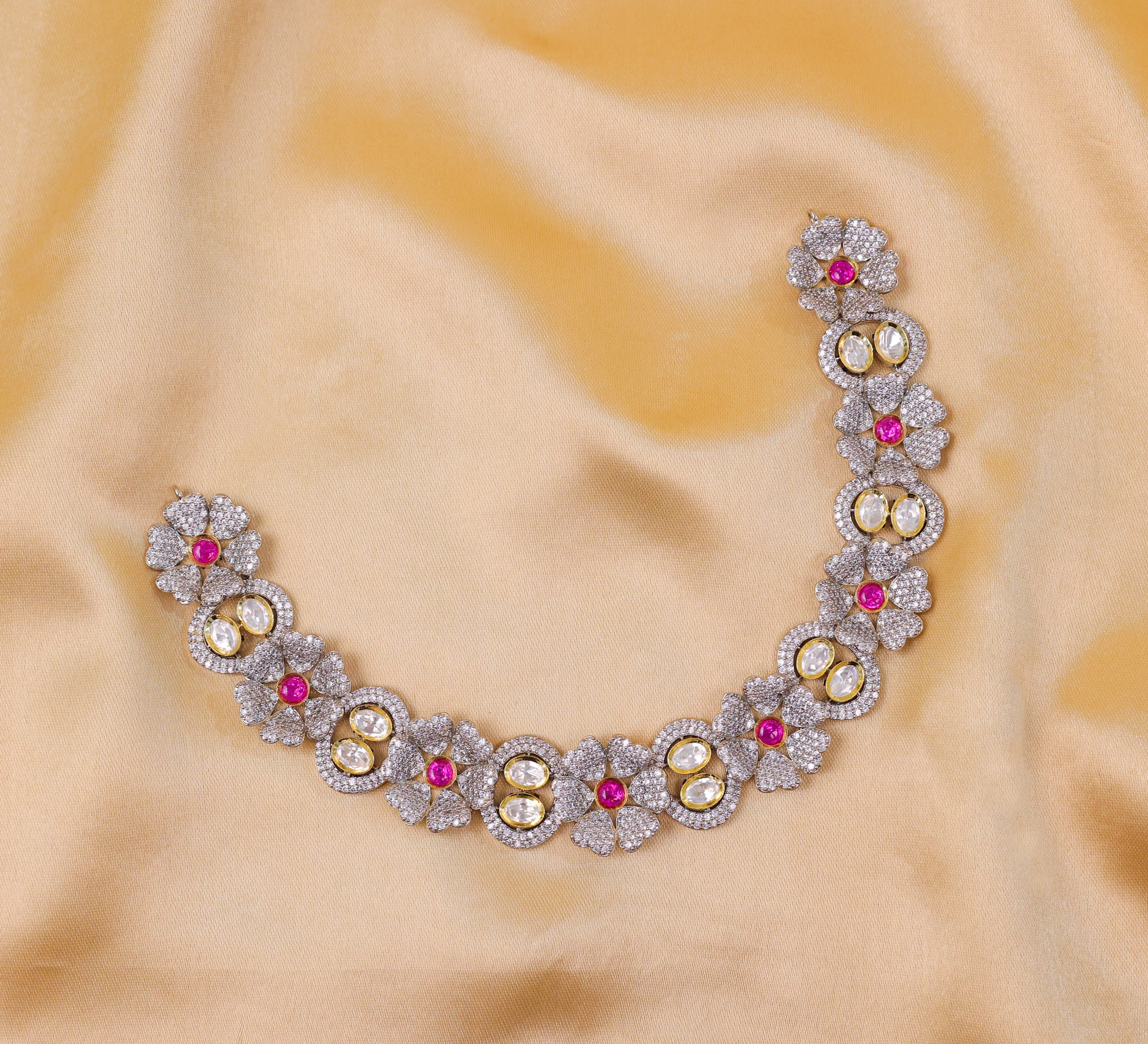 Kundan Polki and Hydro Stones Necklace Set in Antique Silver - Adisha Jewels