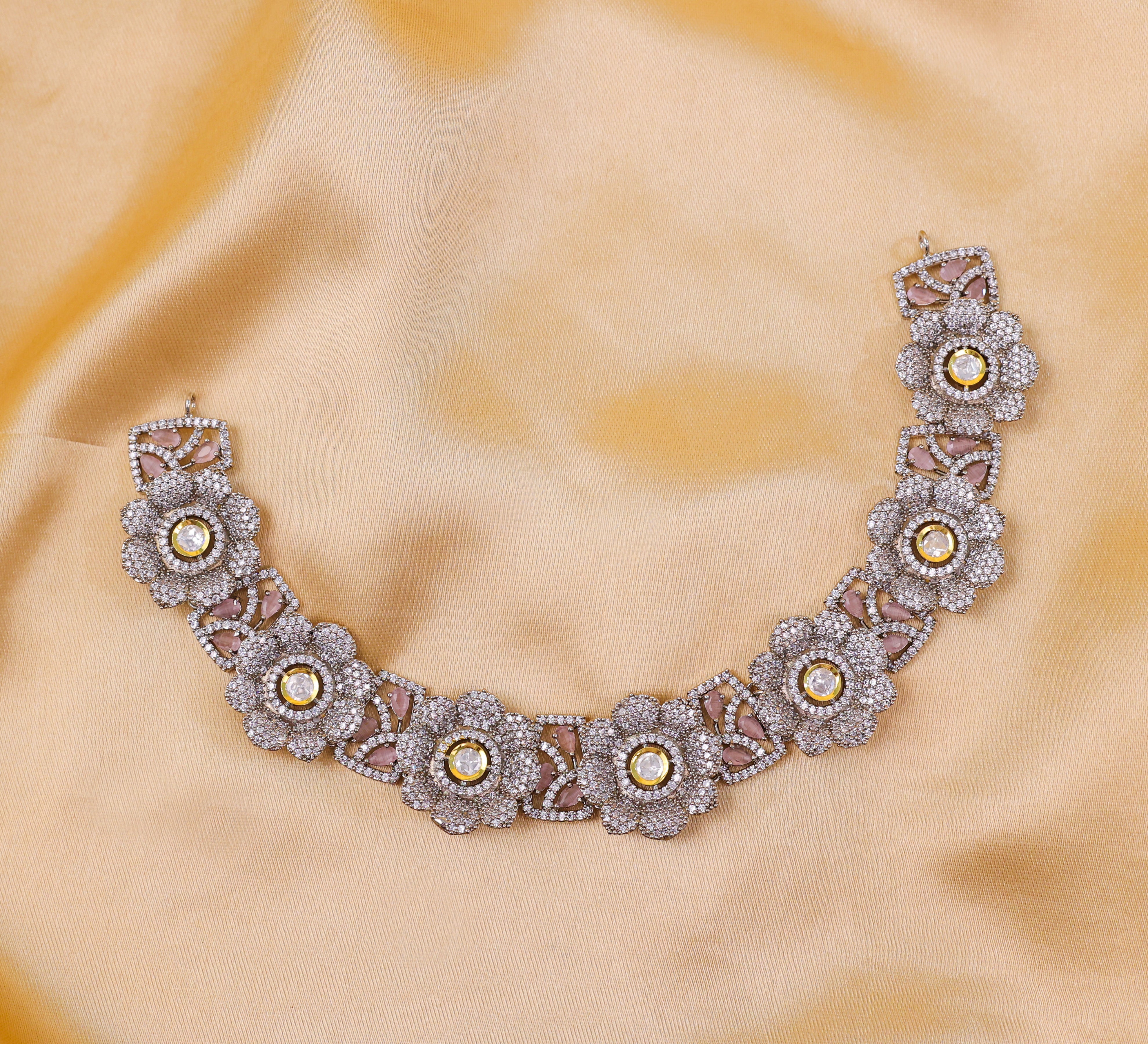 Kundan Polki and Hydro Stones Necklace Set in Antique Silver - Adisha Jewels