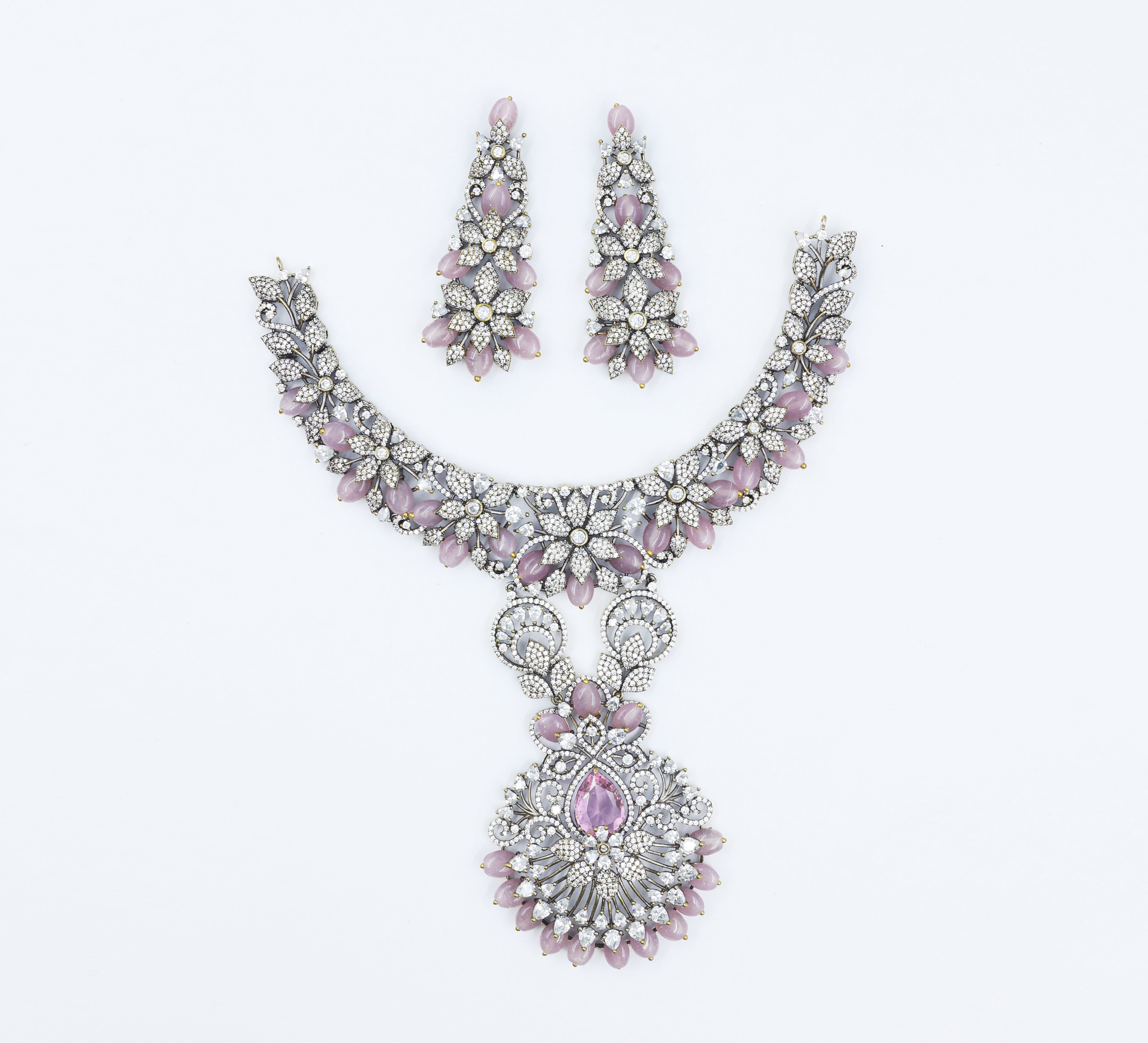 Victorian Antique Necklace Set with Beads & American Diamonds - Adisha Jewels