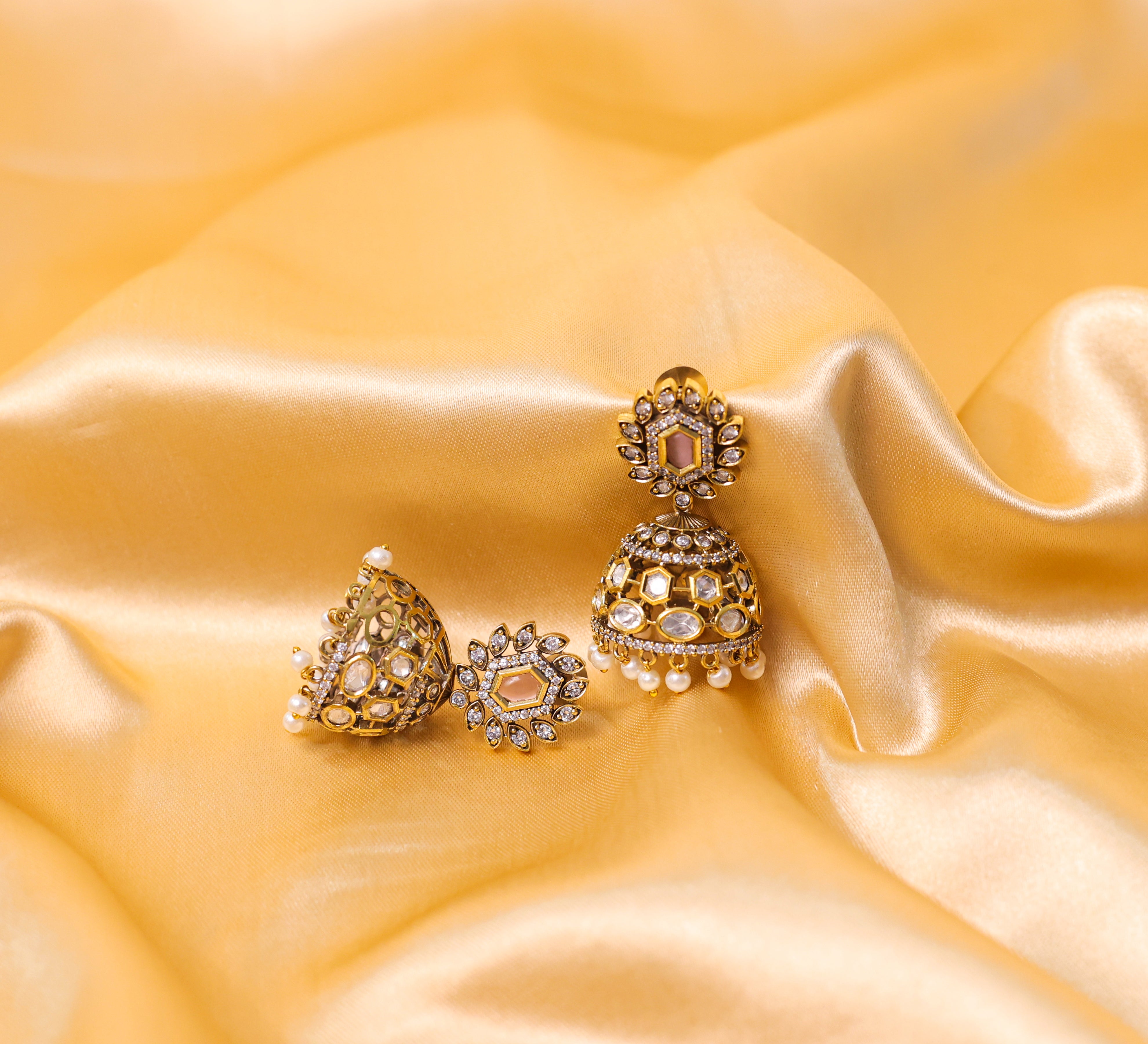 Silver Foil Victorian Jhumki Earrings with Kundan Polki and Hydro Stones - Adisha Jewels