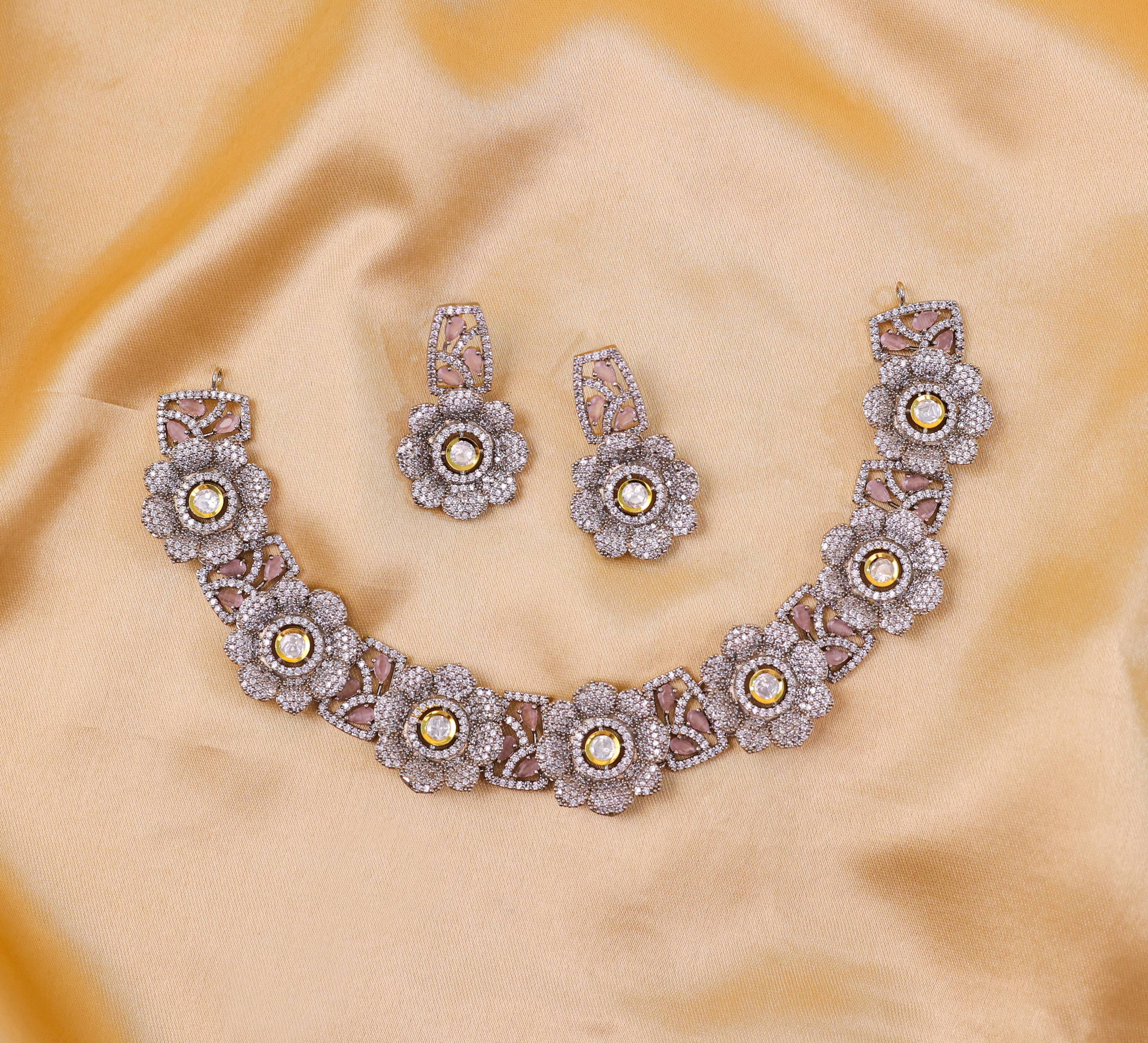 Kundan Polki and Hydro Stones Necklace Set in Antique Silver - Adisha Jewels