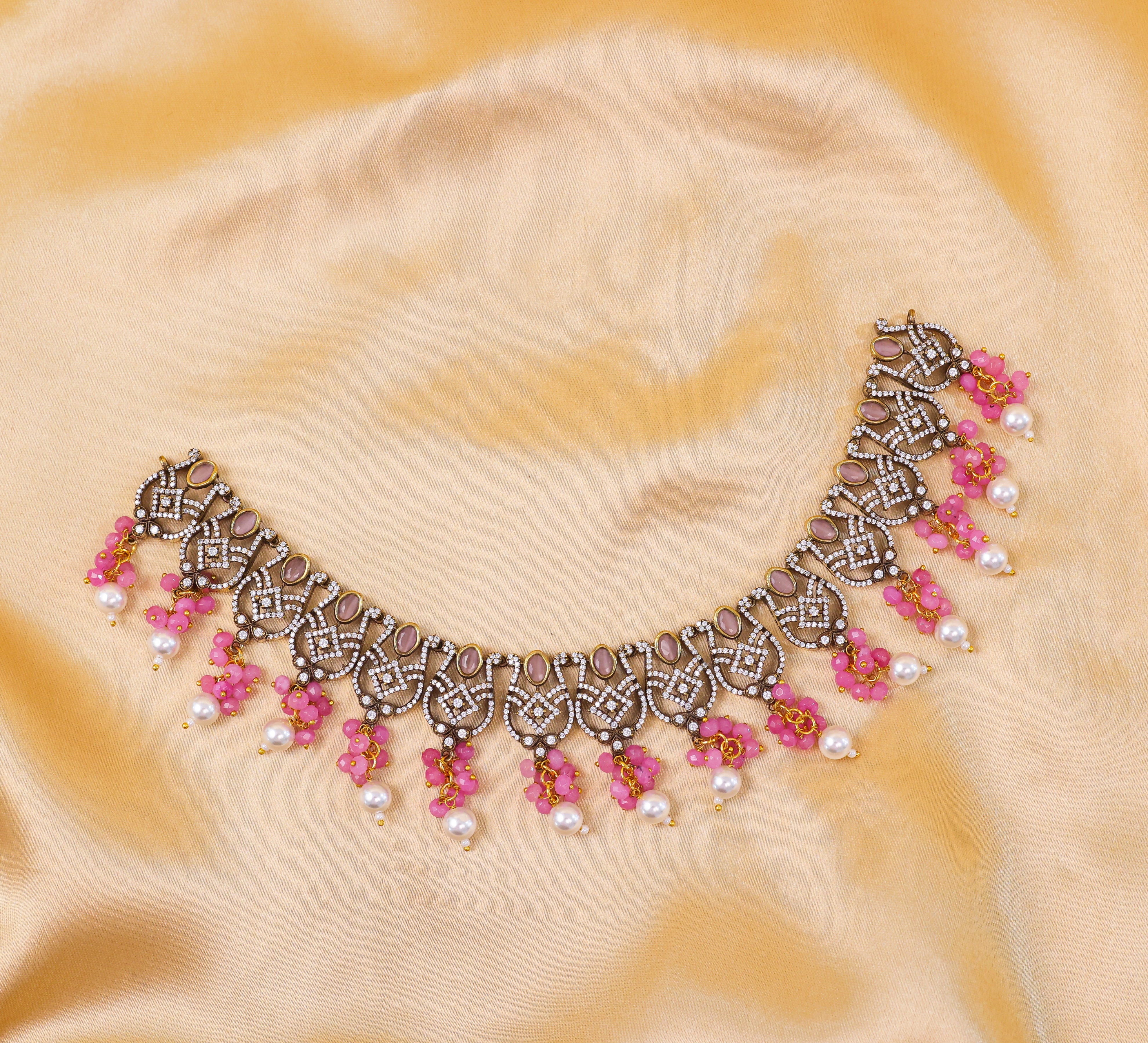 Victorian Antique Necklace Set with Colored Stones and American Diamonds - Adisha Jewels