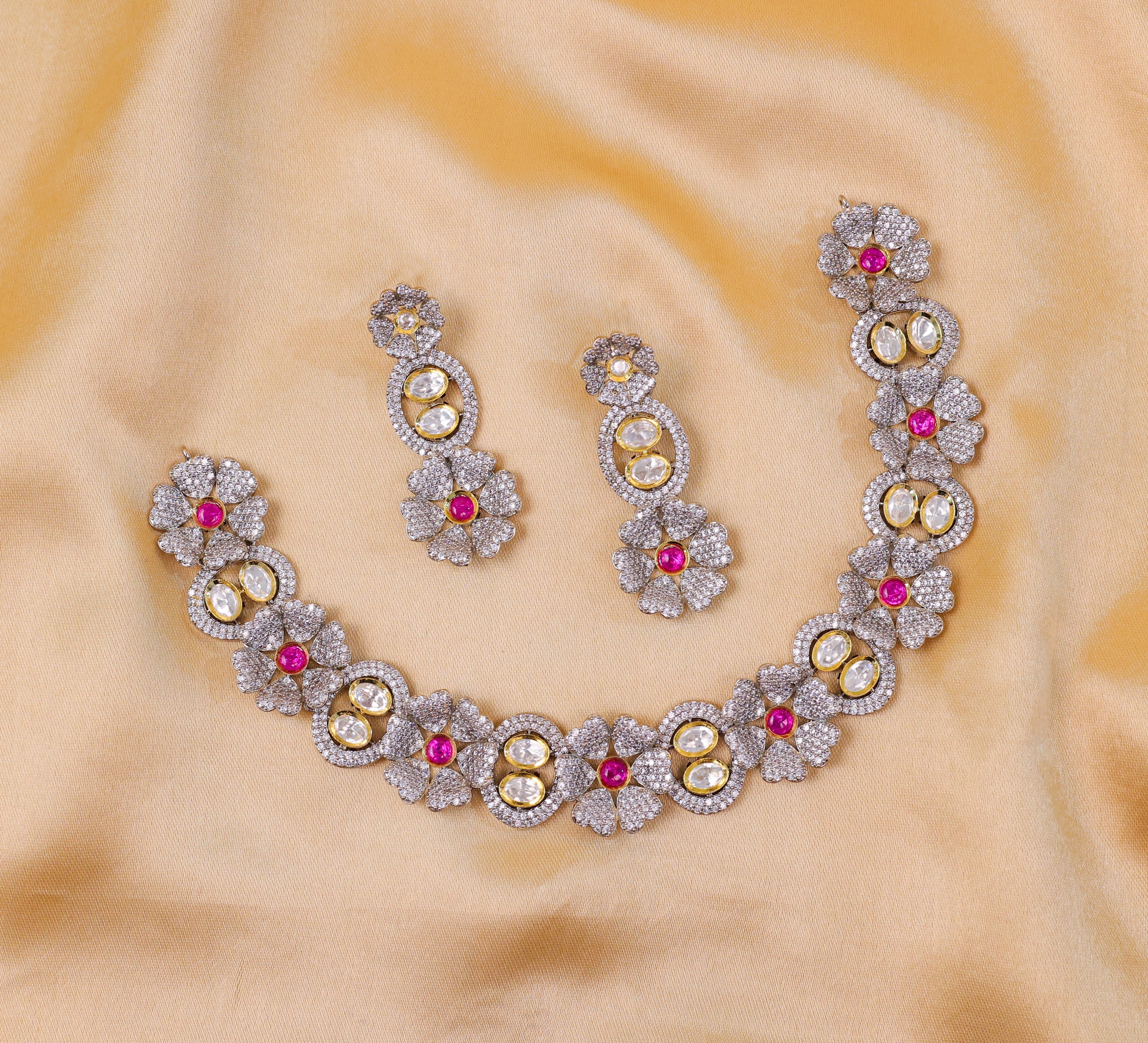 Kundan Polki and Hydro Stones Necklace Set in Antique Silver - Adisha Jewels