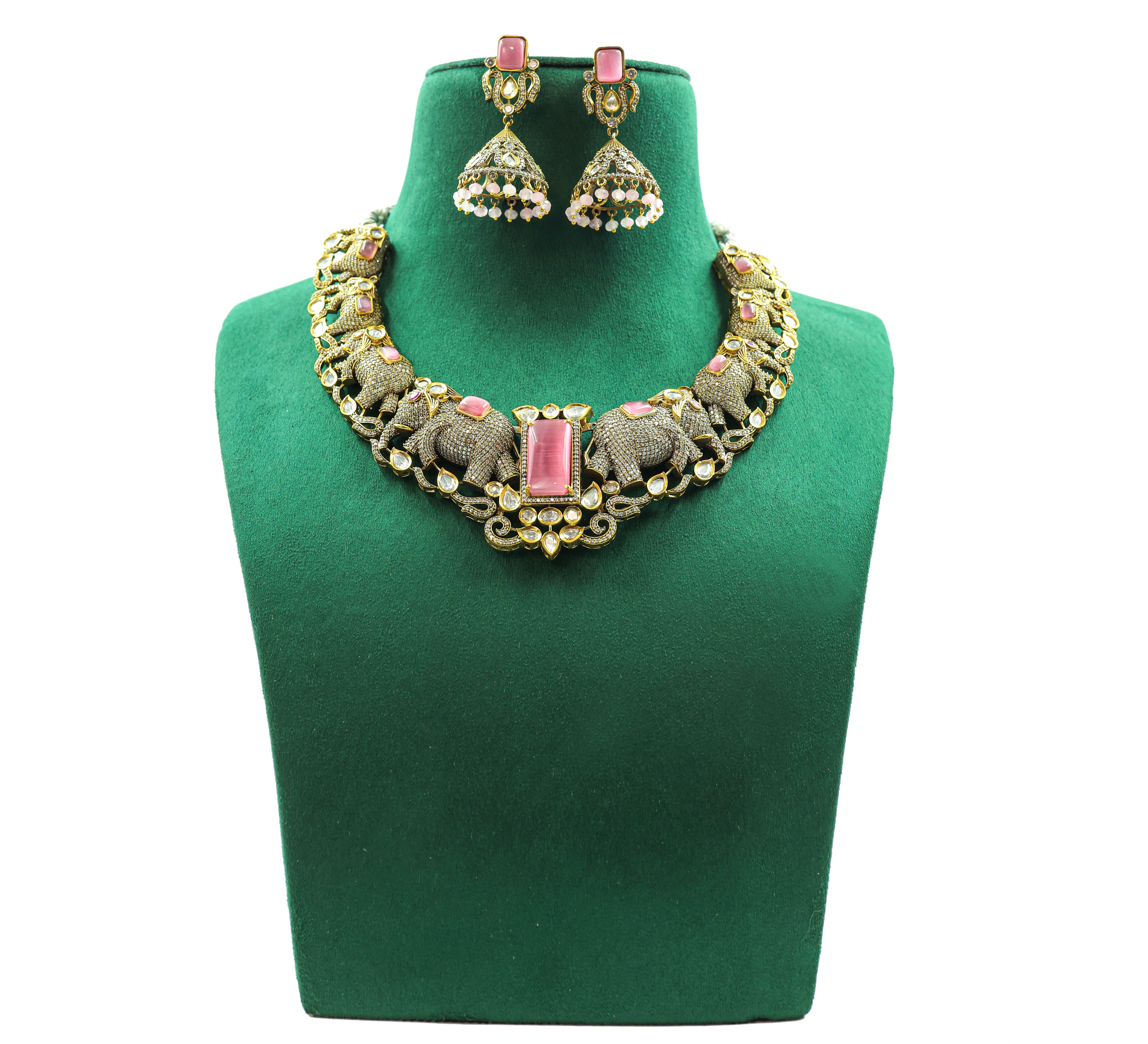 Victorian-Inspired Kundan Polki Necklace Set with Hydro Stones - Adisha Jewels