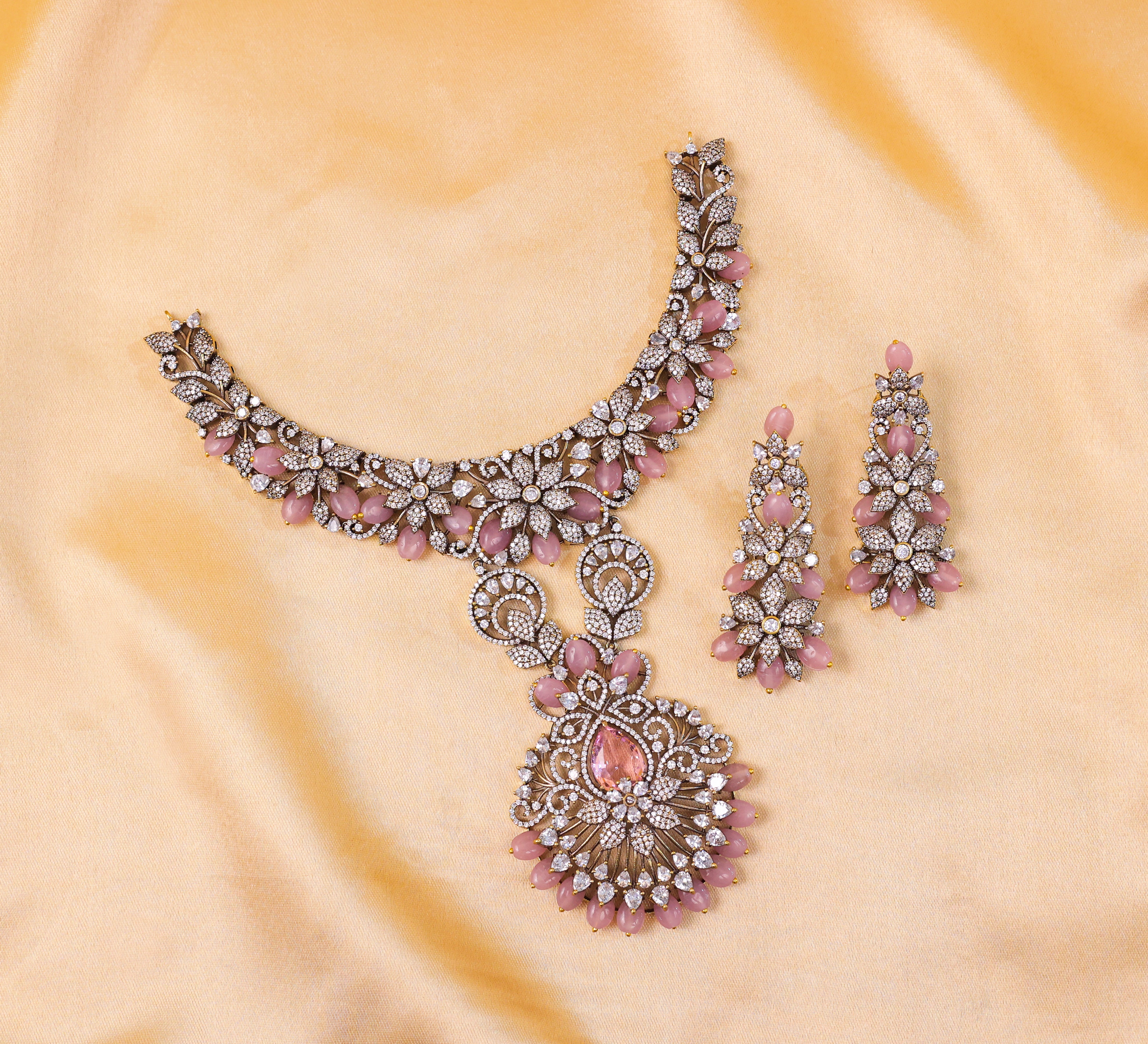 Victorian Antique Necklace Set with Beads & American Diamonds - Adisha Jewels