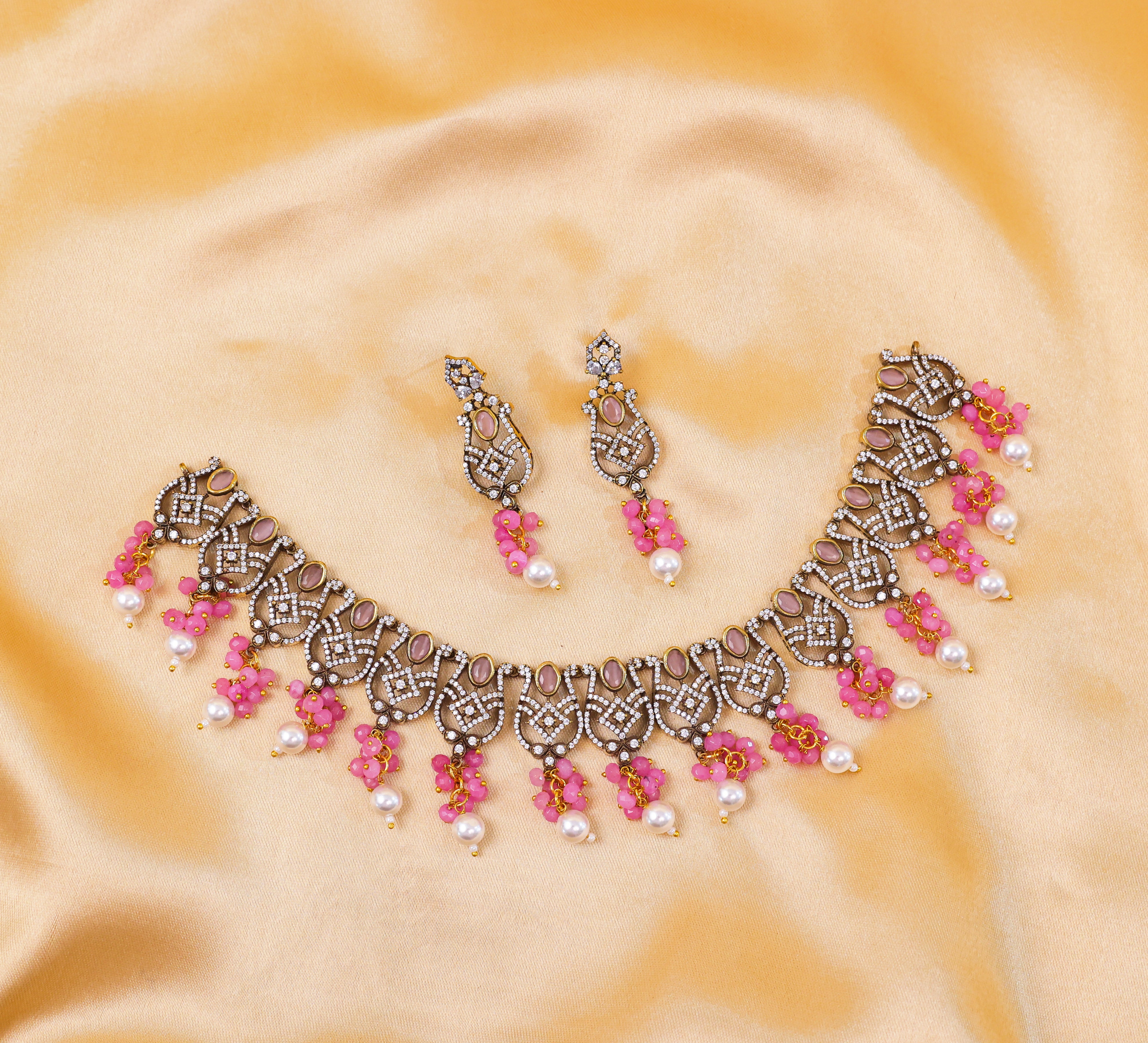 Victorian Antique Necklace Set with Colored Stones and American Diamonds - Adisha Jewels