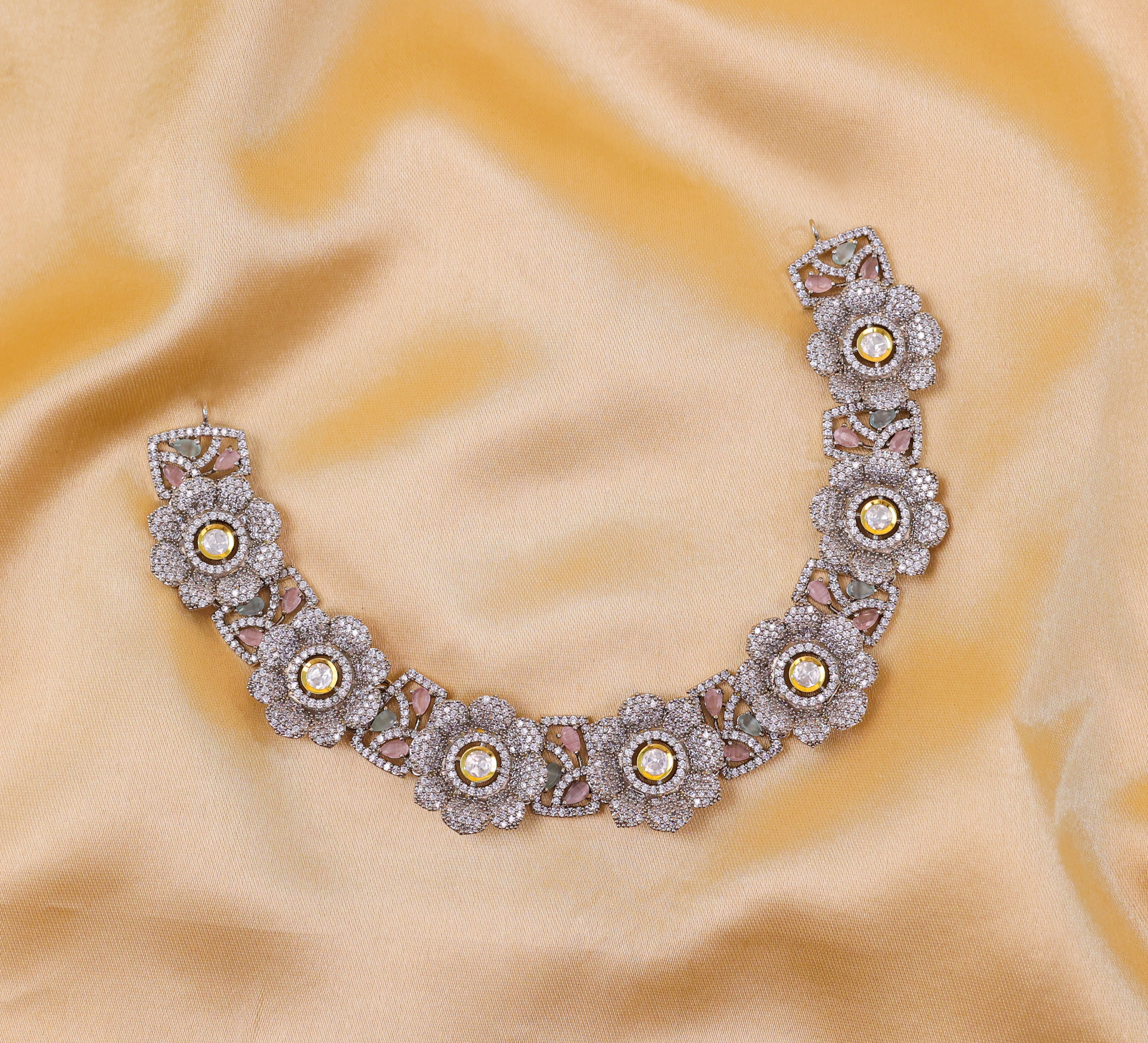 Kundan Polki and Hydro Stones Necklace Set in Antique Silver - Adisha Jewels