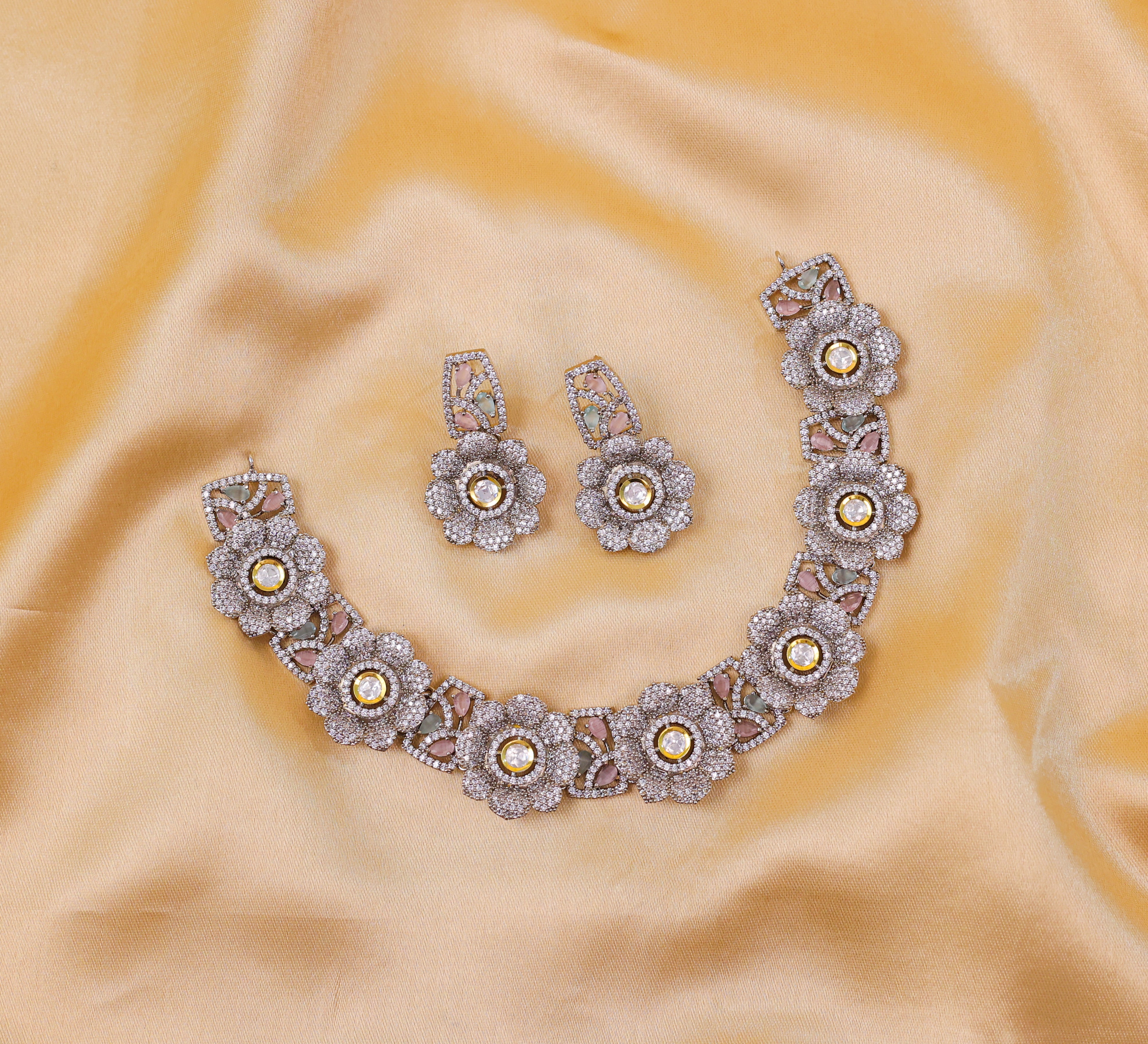 Kundan Polki and Hydro Stones Necklace Set in Antique Silver - Adisha Jewels