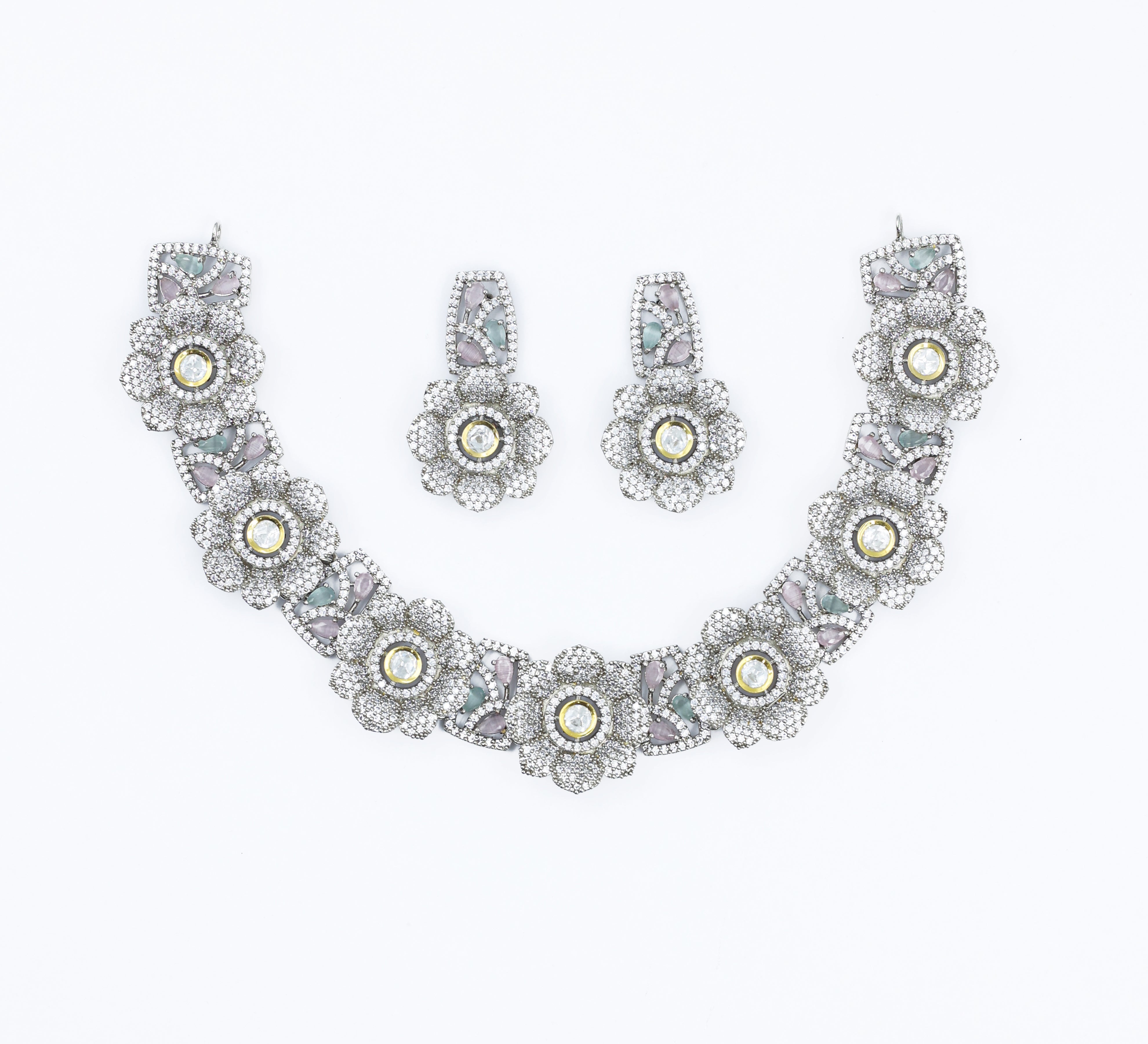 Kundan Polki and Hydro Stones Necklace Set in Antique Silver - Adisha Jewels