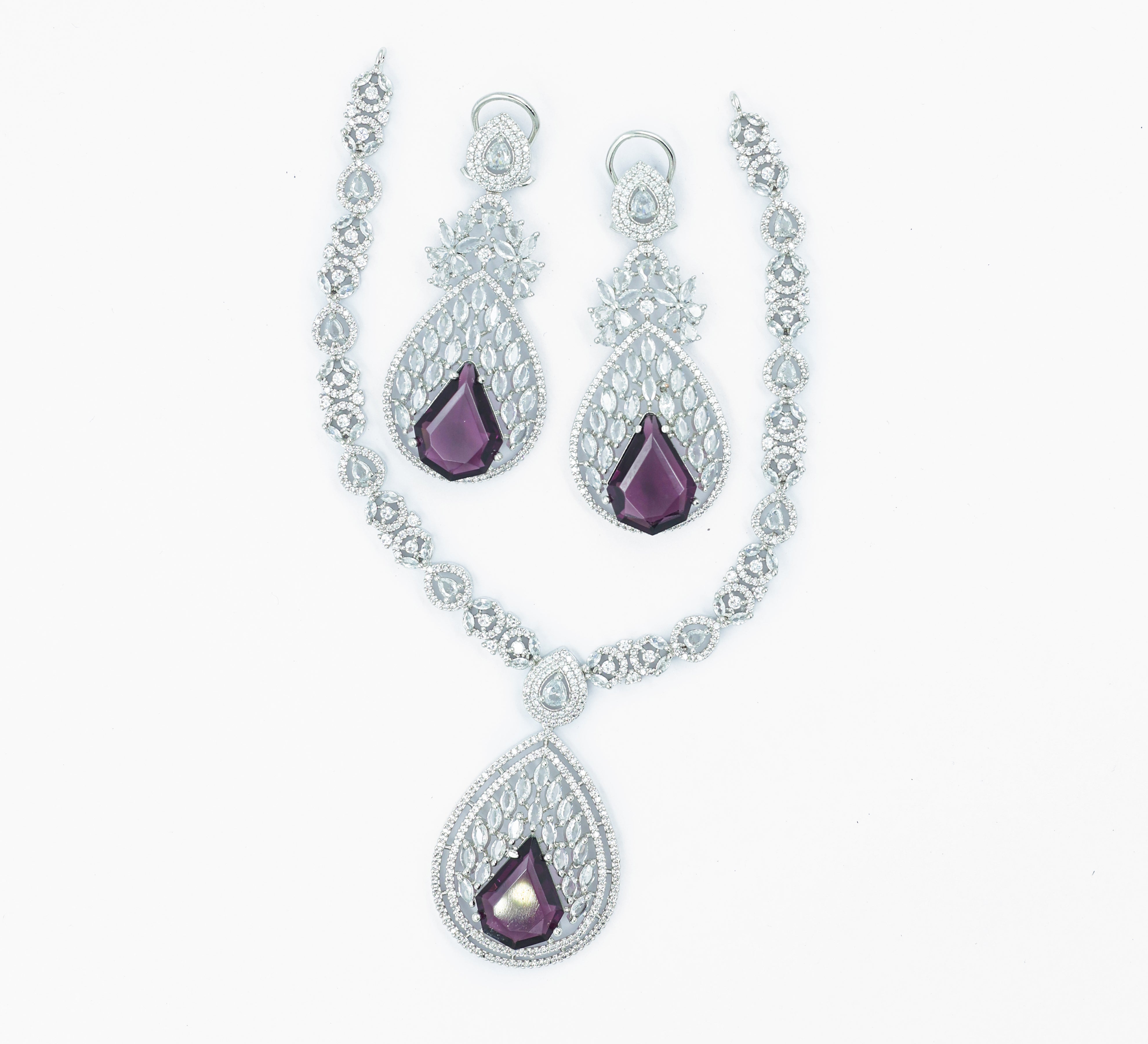 White Rhodium Necklace Set with Cubic Zirconia and Hydro Stones - Adisha Jewels