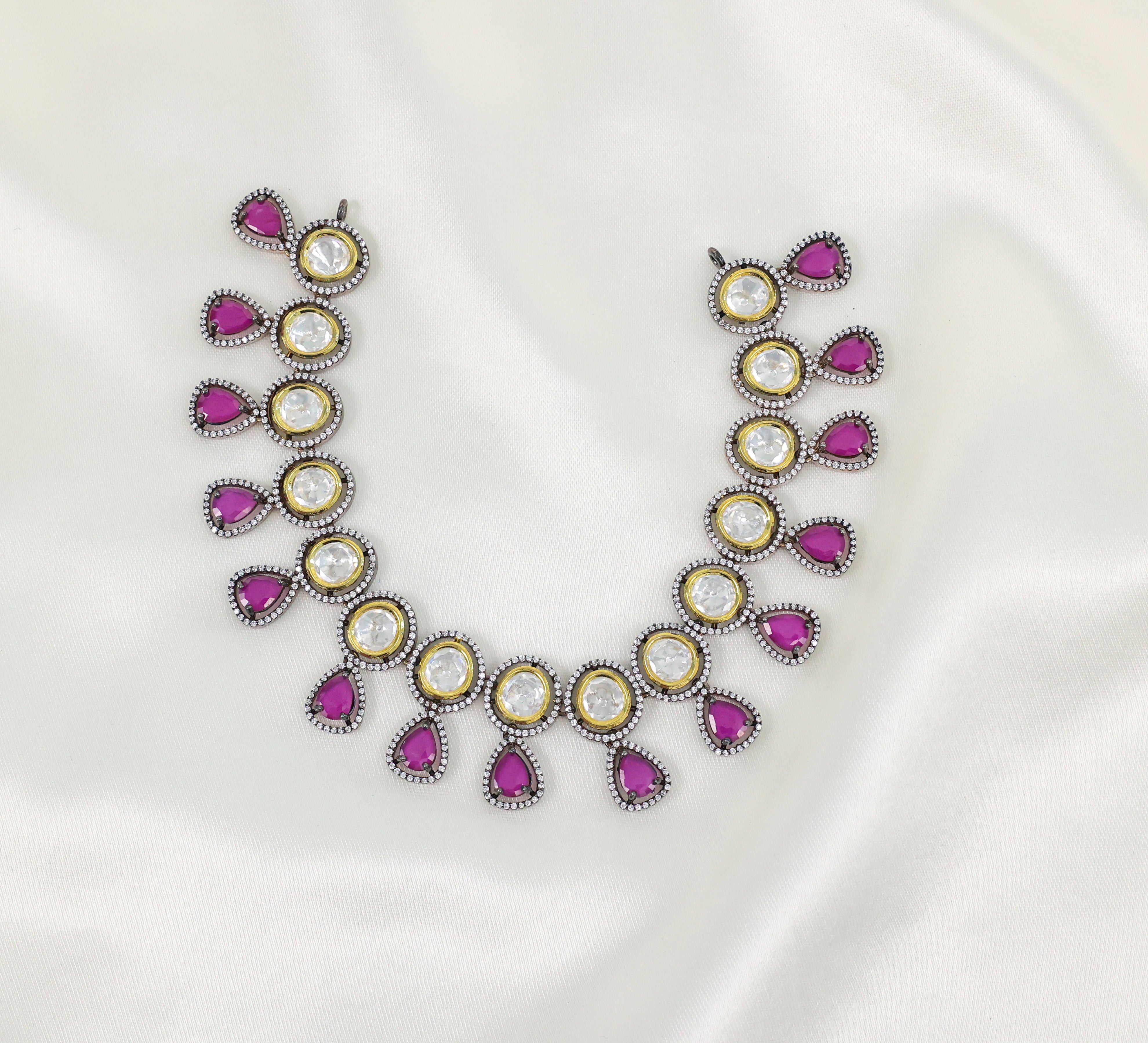 Victorian-Inspired Necklace Set with Hydro Stones & Kundan Polki - Adisha Jewels