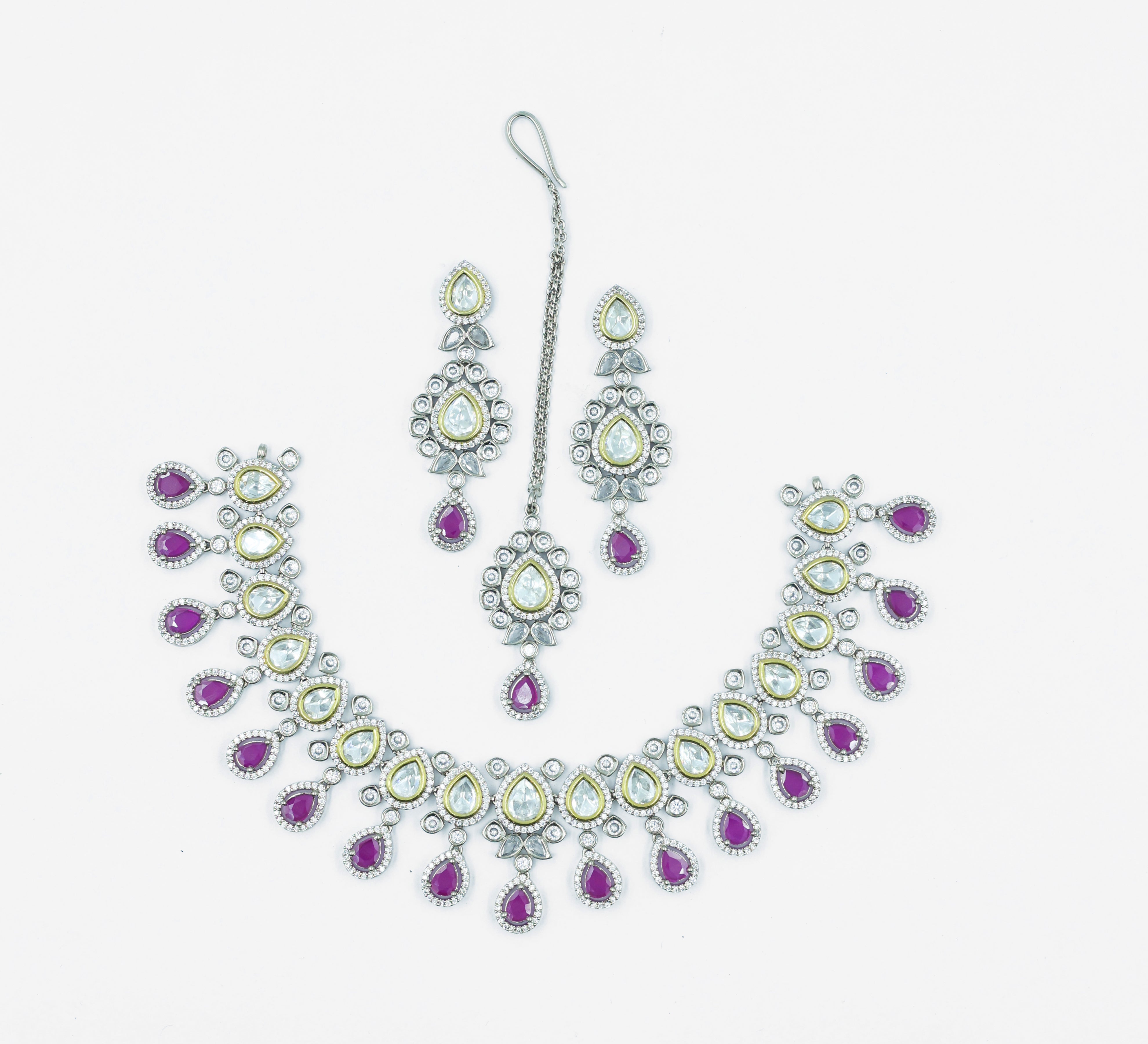 Victorian-Inspired Kundan Polki Necklace Set in Antique Silver Plating - Adisha Jewels