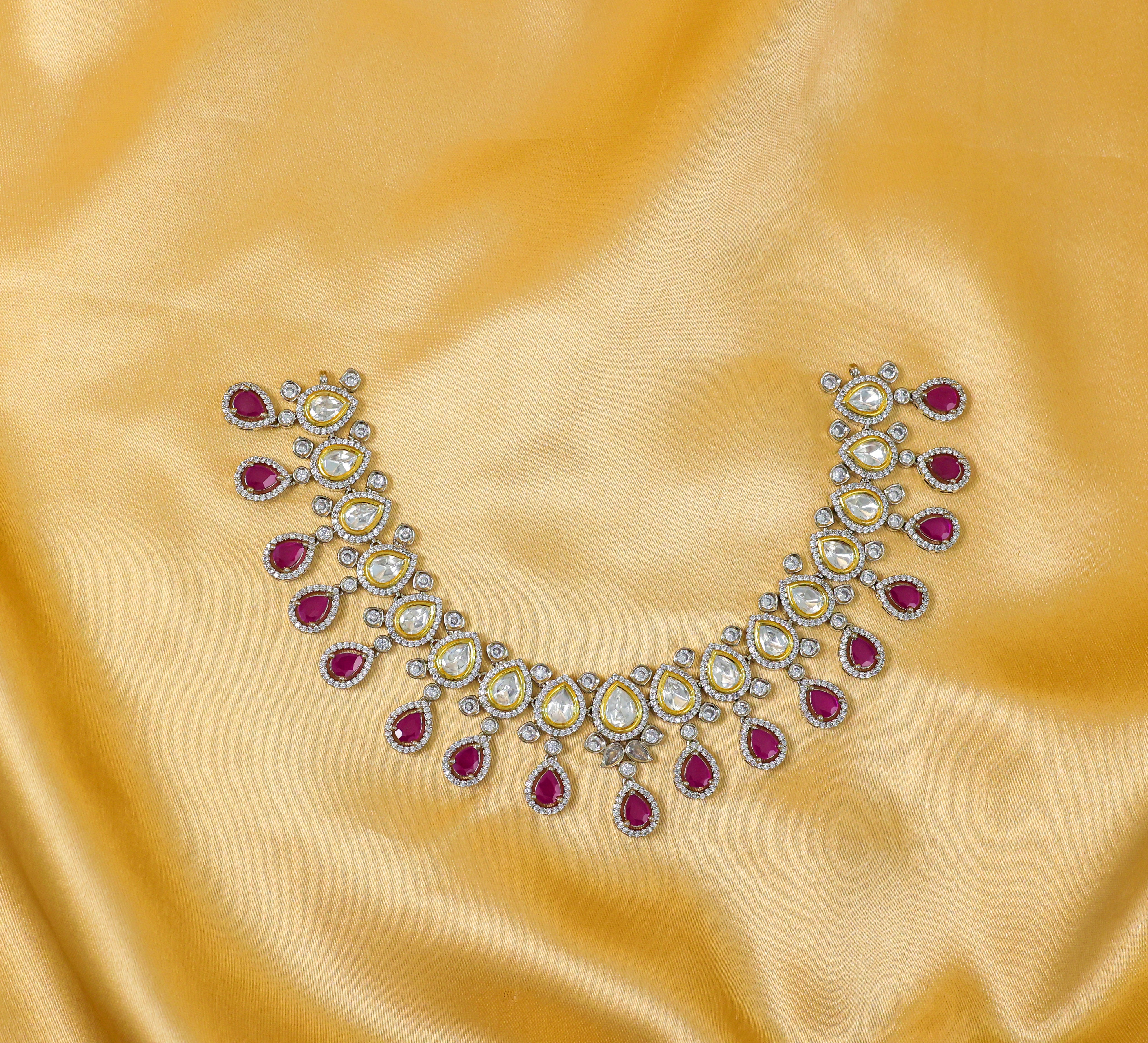 Victorian-Inspired Kundan Polki Necklace Set in Antique Silver Plating - Adisha Jewels