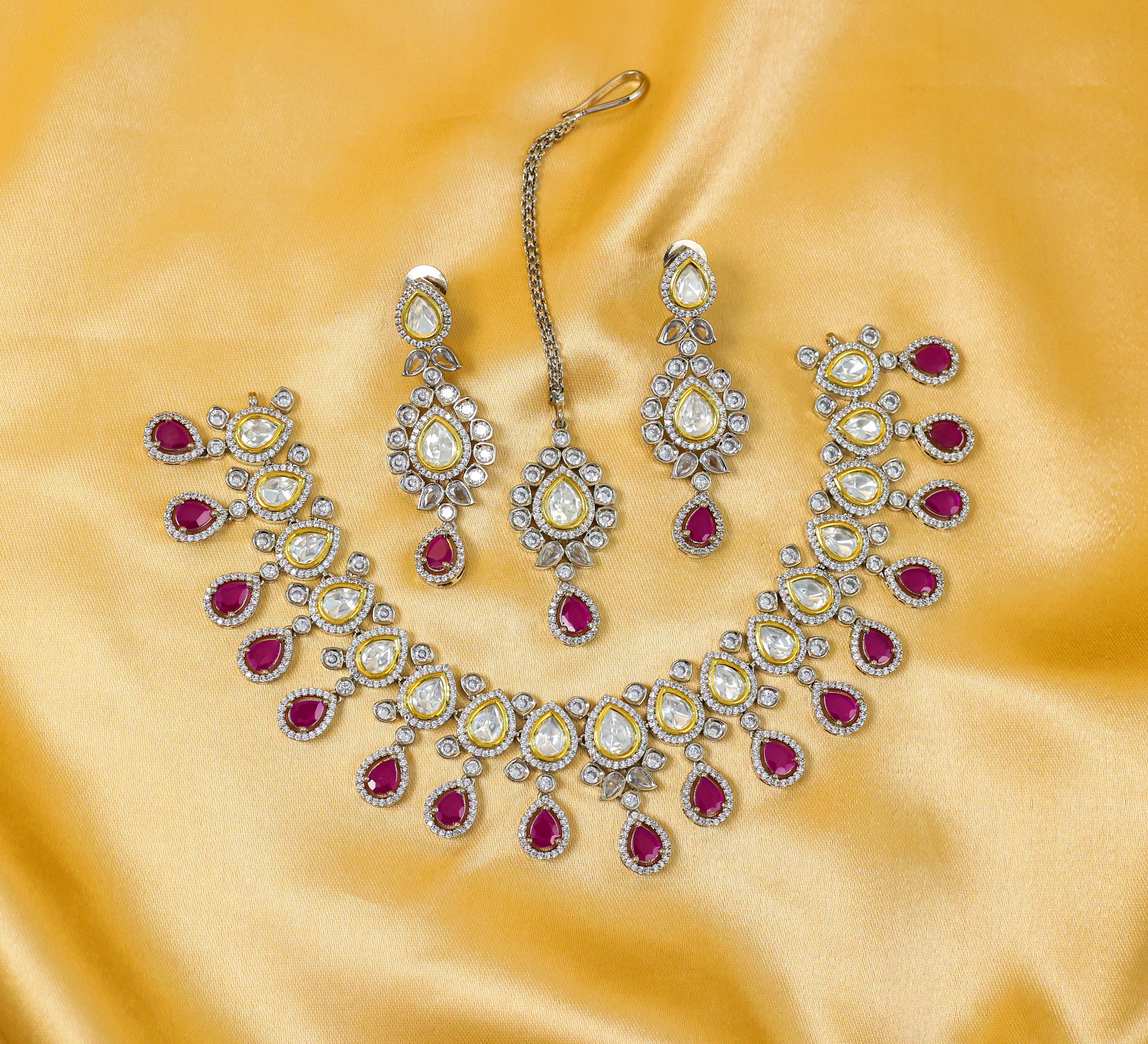 Victorian-Inspired Kundan Polki Necklace Set in Antique Silver Plating - Adisha Jewels