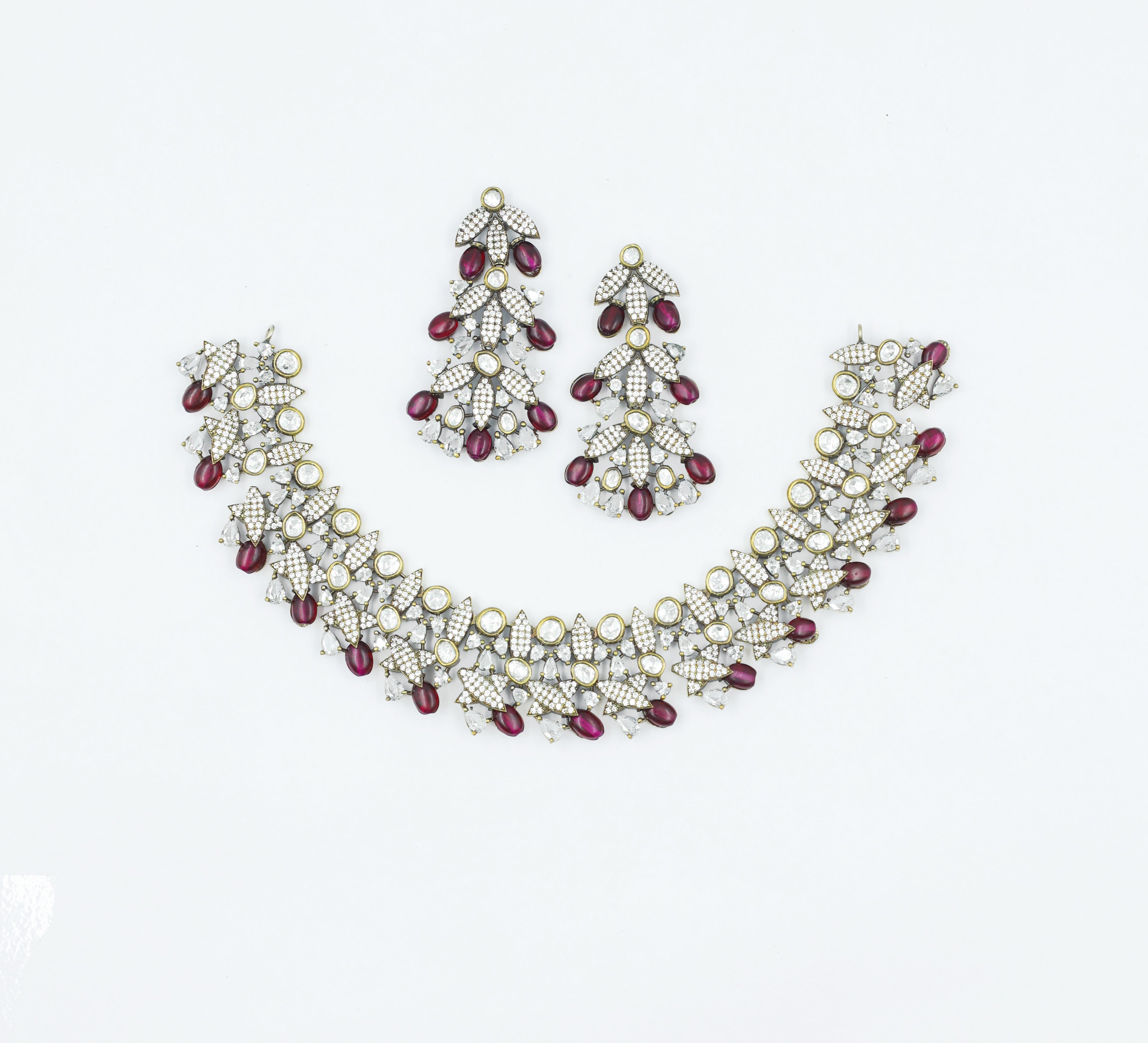 Kundan Polki Necklace Set with Victorian Polish - Adisha Jewels