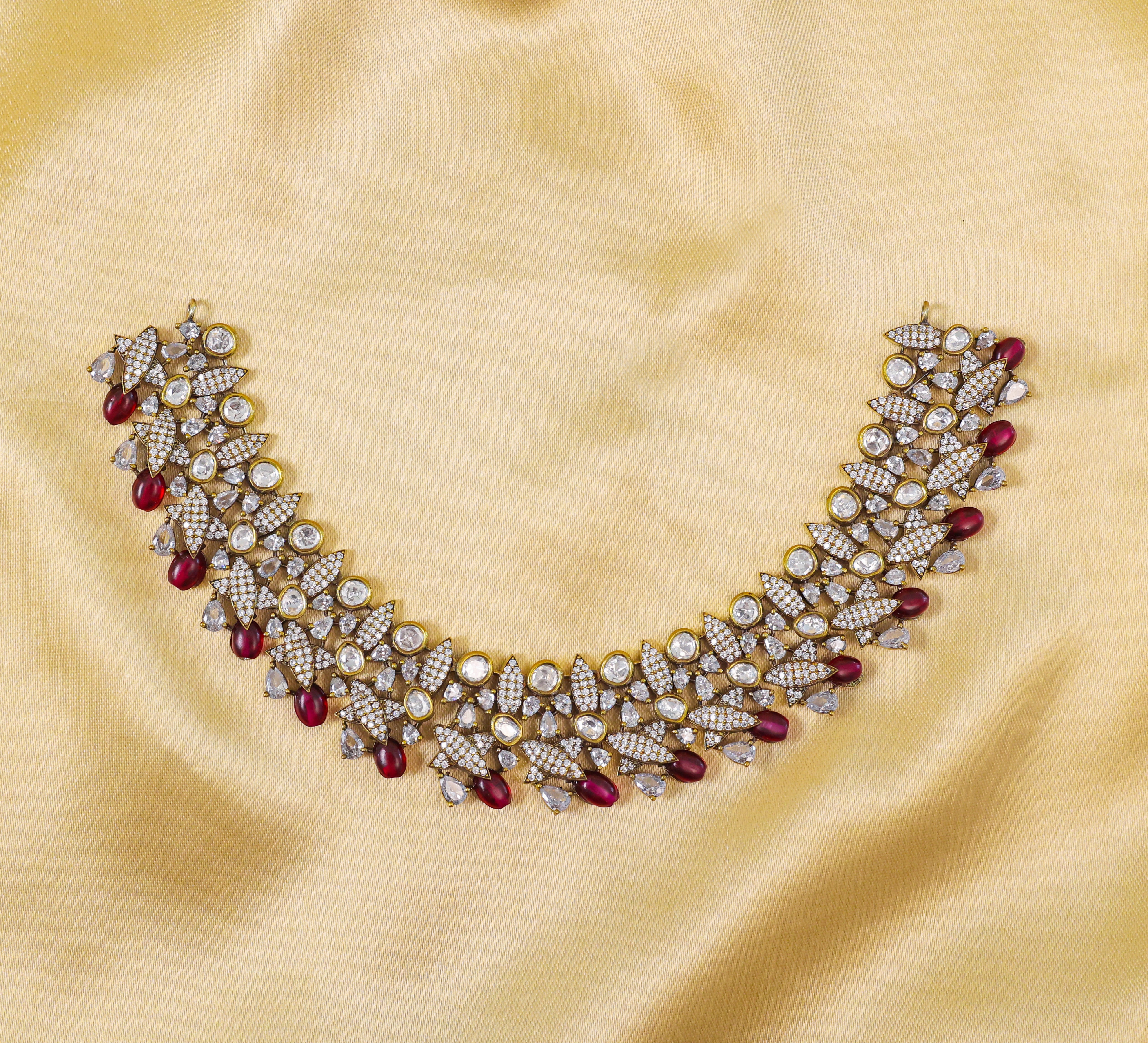 Kundan Polki Necklace Set with Victorian Polish - Adisha Jewels