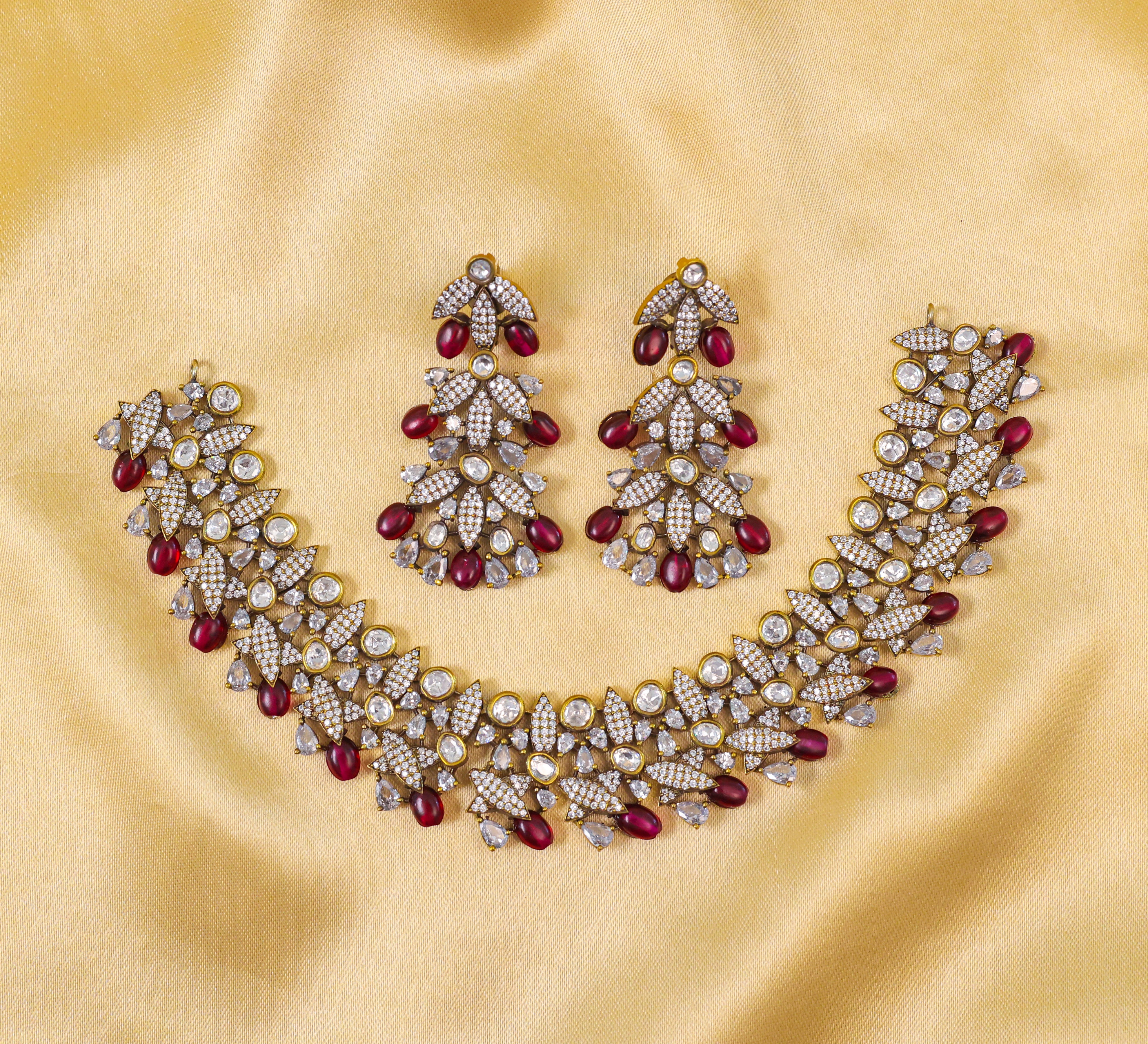 Kundan Polki Necklace Set with Victorian Polish - Adisha Jewels