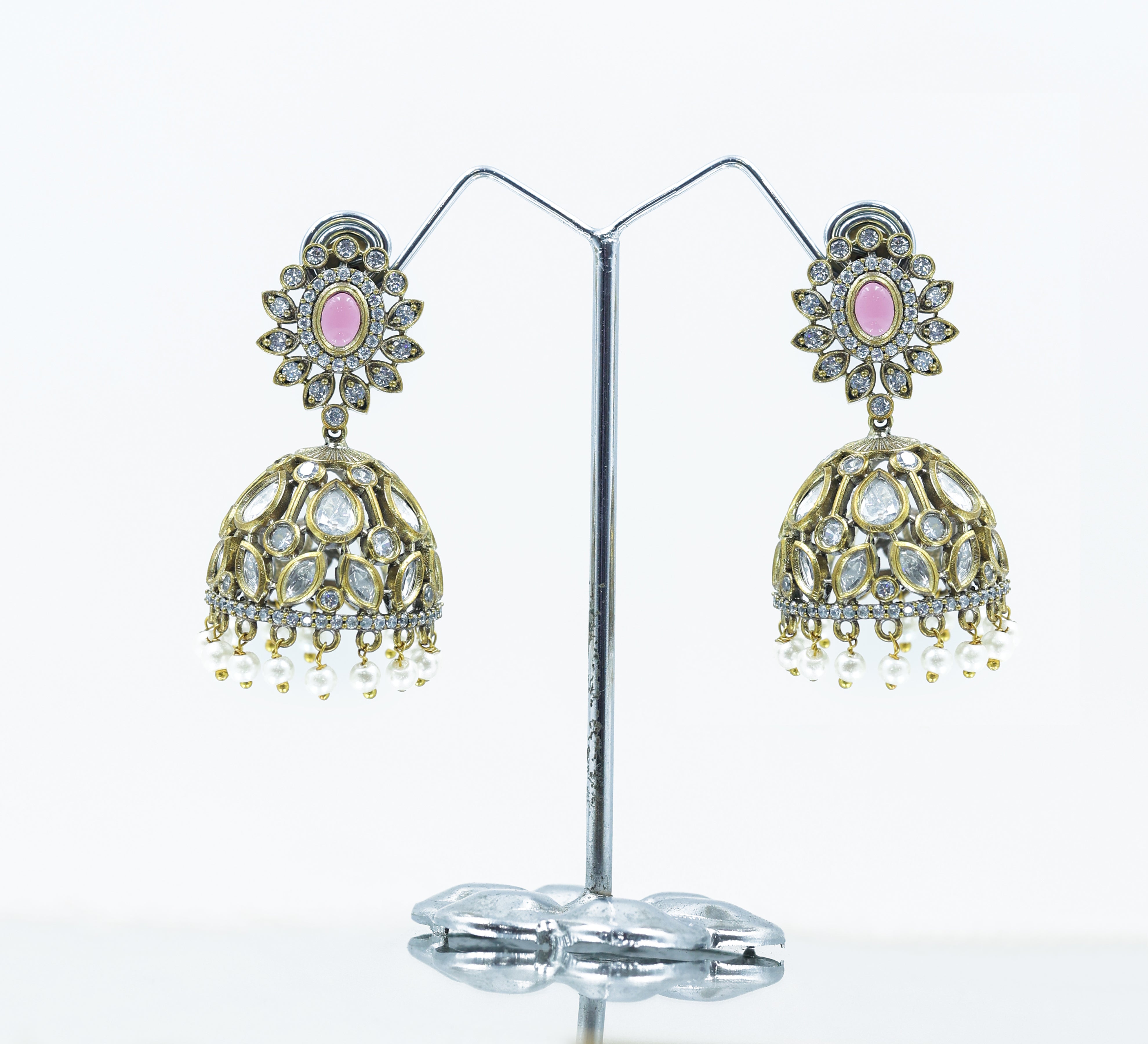 Silver Foil Victorian Jhumki Earrings with Kundan Polki and Hydro Stones - Adisha Jewels