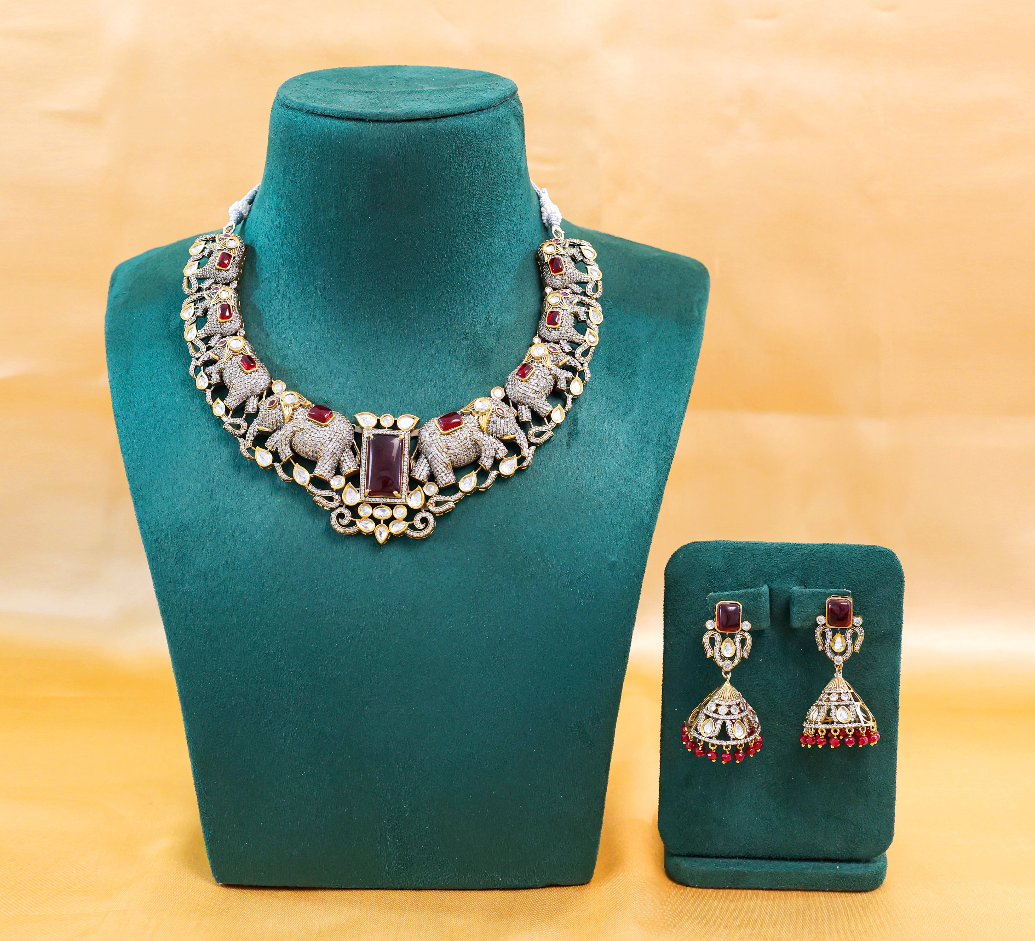 Victorian-Inspired Kundan Polki Necklace Set with Hydro Stones - Adisha Jewels