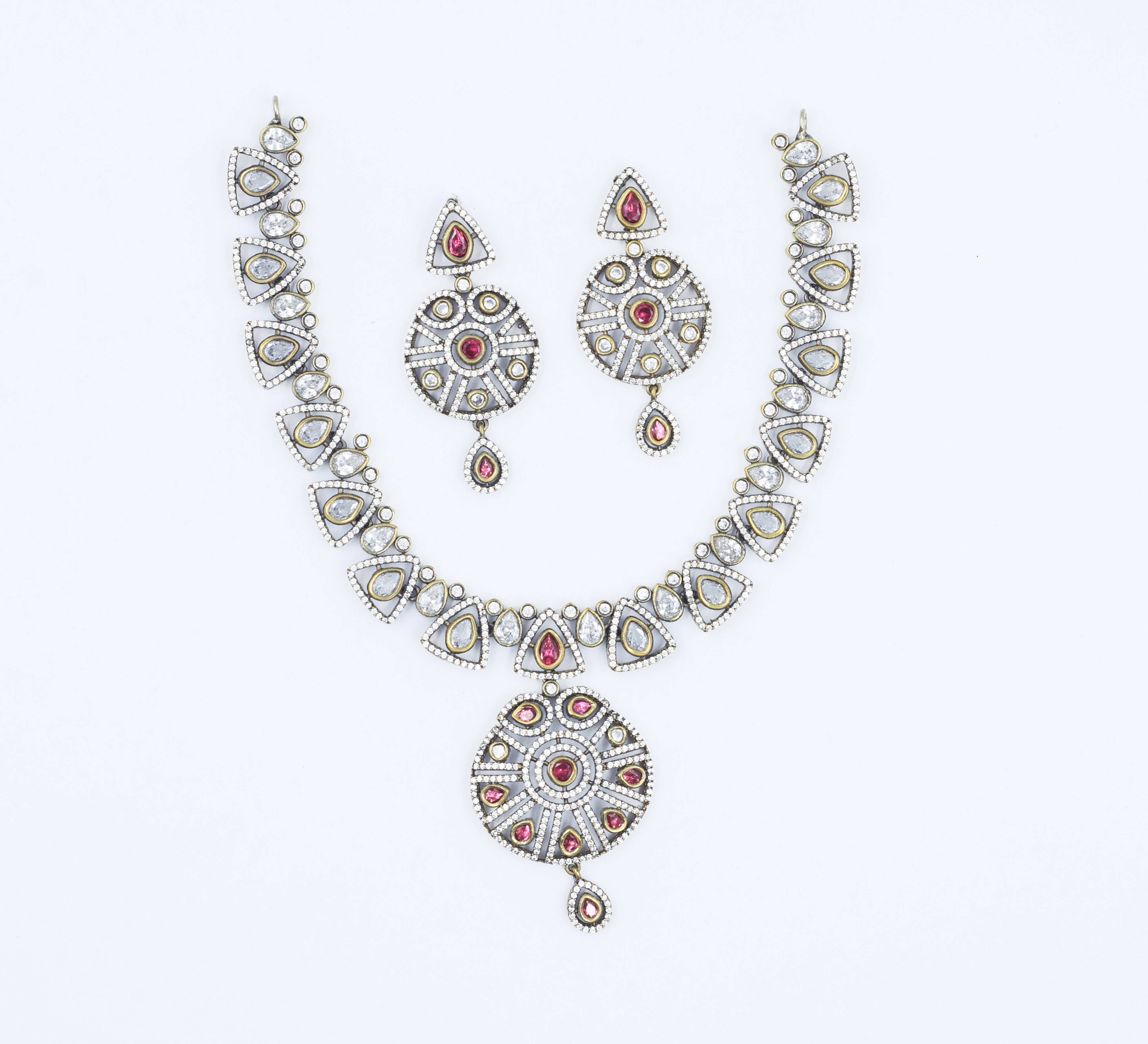 Victorian-Inspired Kundan Polki Necklace Set with Hydro Stones - Adisha Jewels