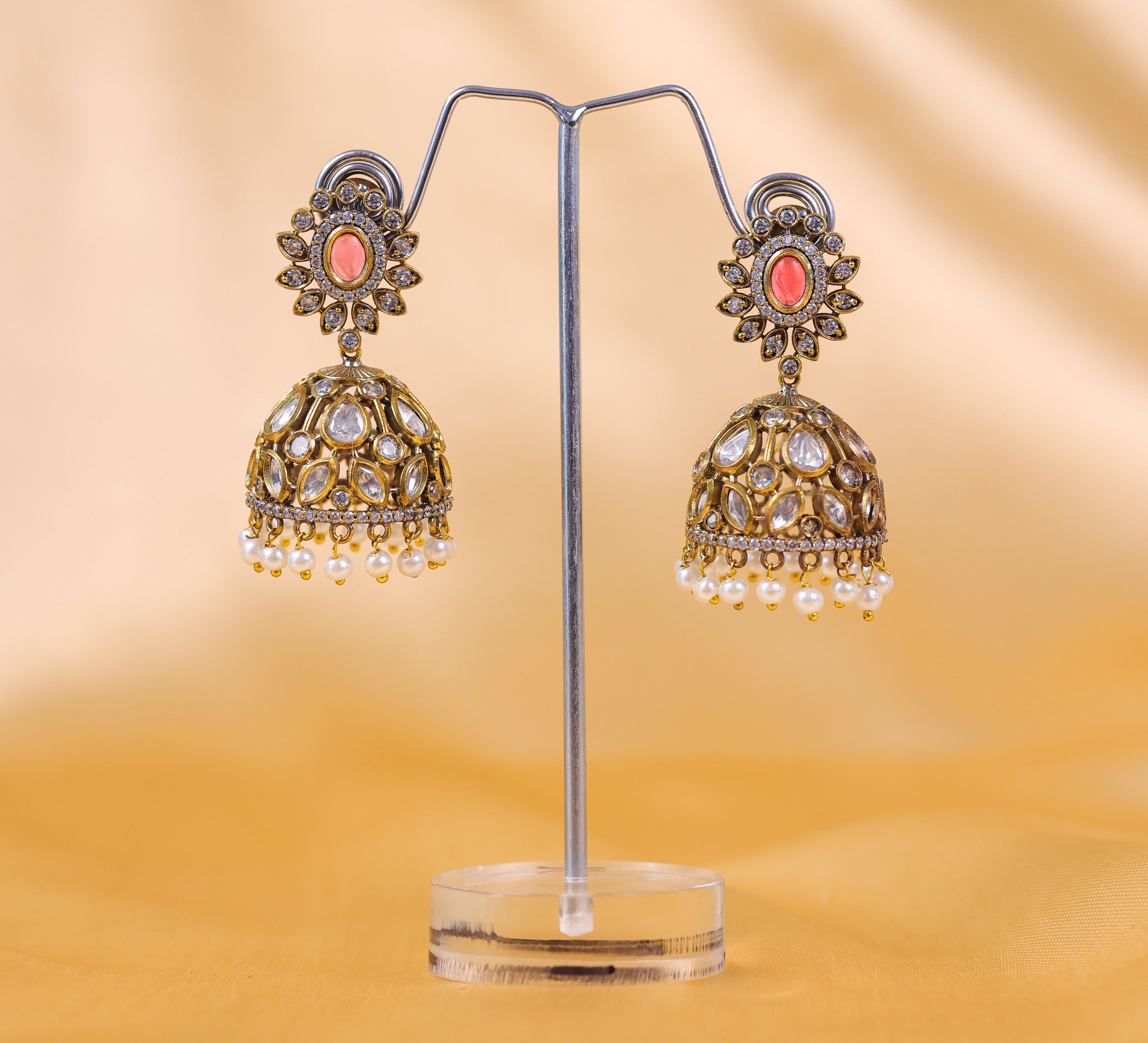 Silver Foil Victorian Jhumki Earrings with Kundan Polki and Hydro Stones - Adisha Jewels