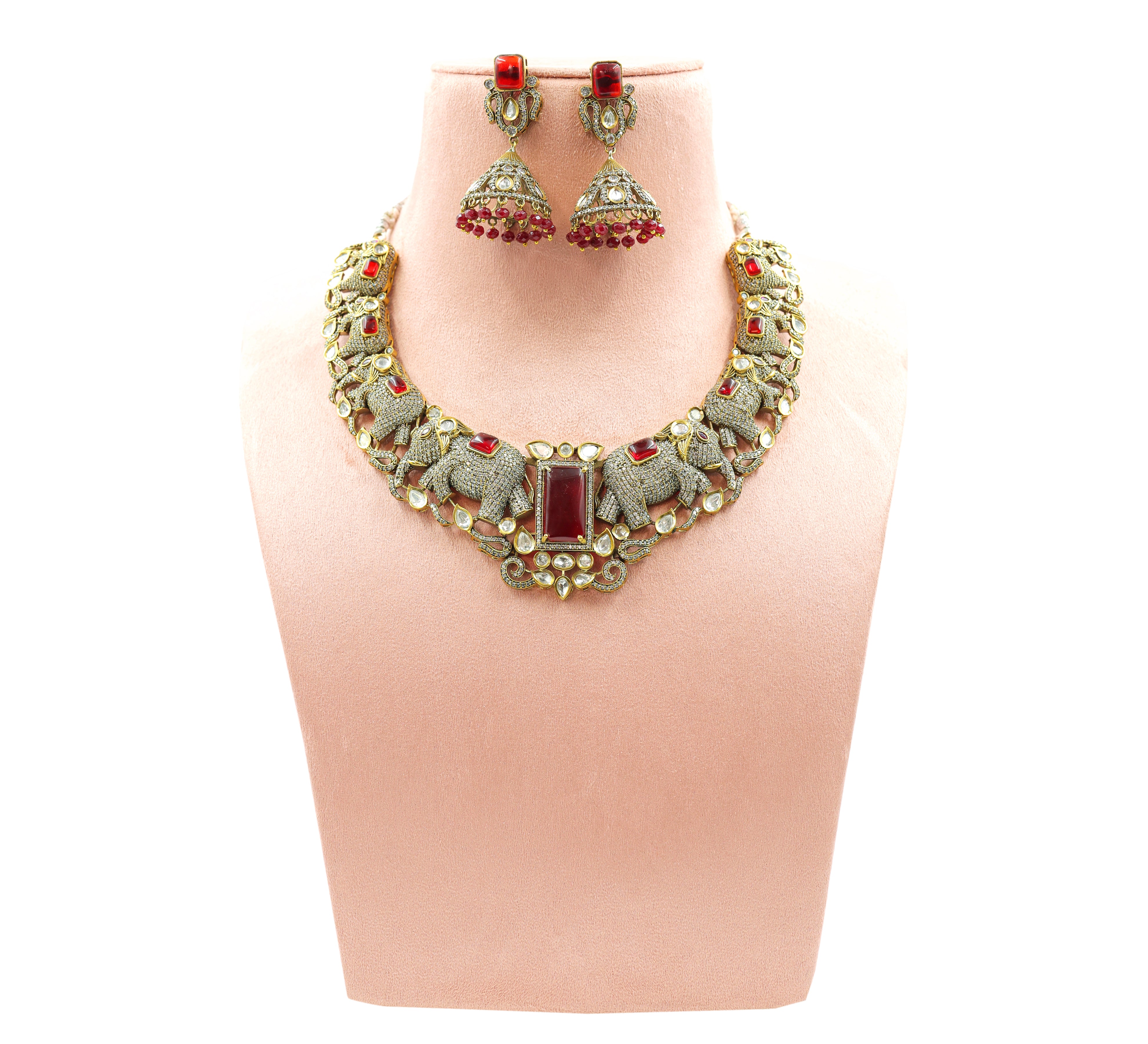 Victorian-Inspired Kundan Polki Necklace Set with Hydro Stones - Adisha Jewels