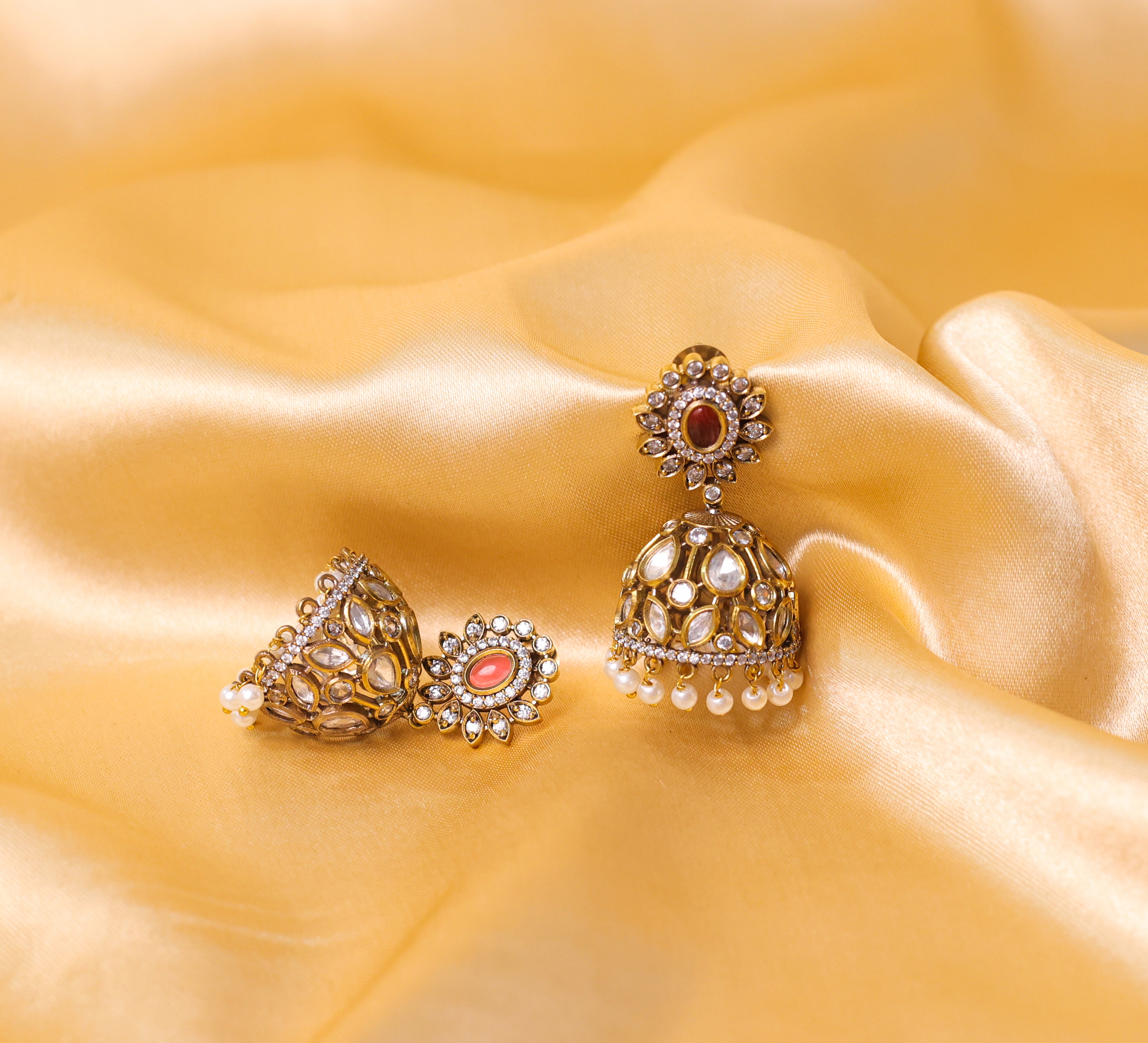 Silver Foil Victorian Jhumki Earrings with Kundan Polki and Hydro Stones - Adisha Jewels