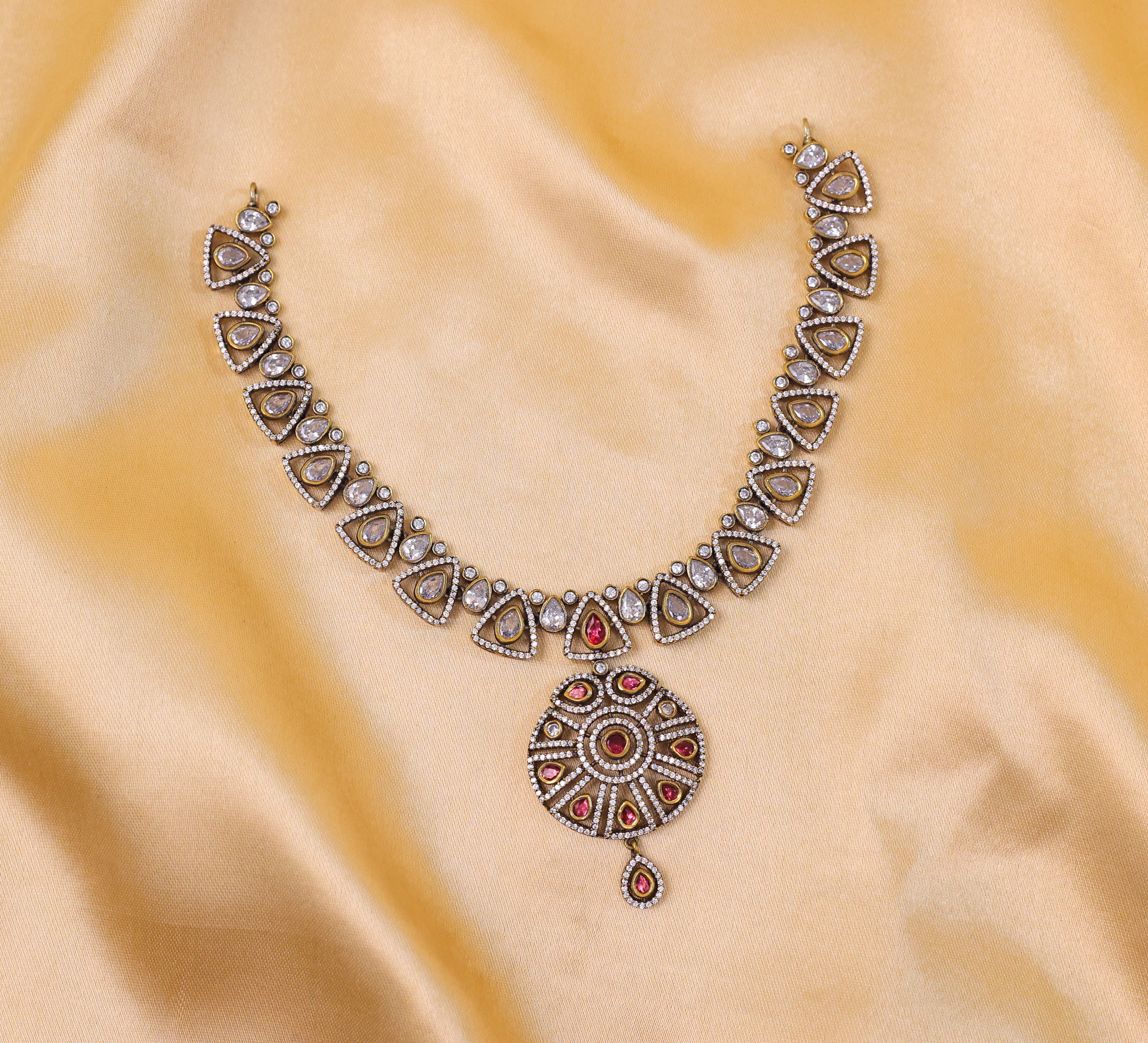 Victorian-Inspired Kundan Polki Necklace Set with Hydro Stones - Adisha Jewels