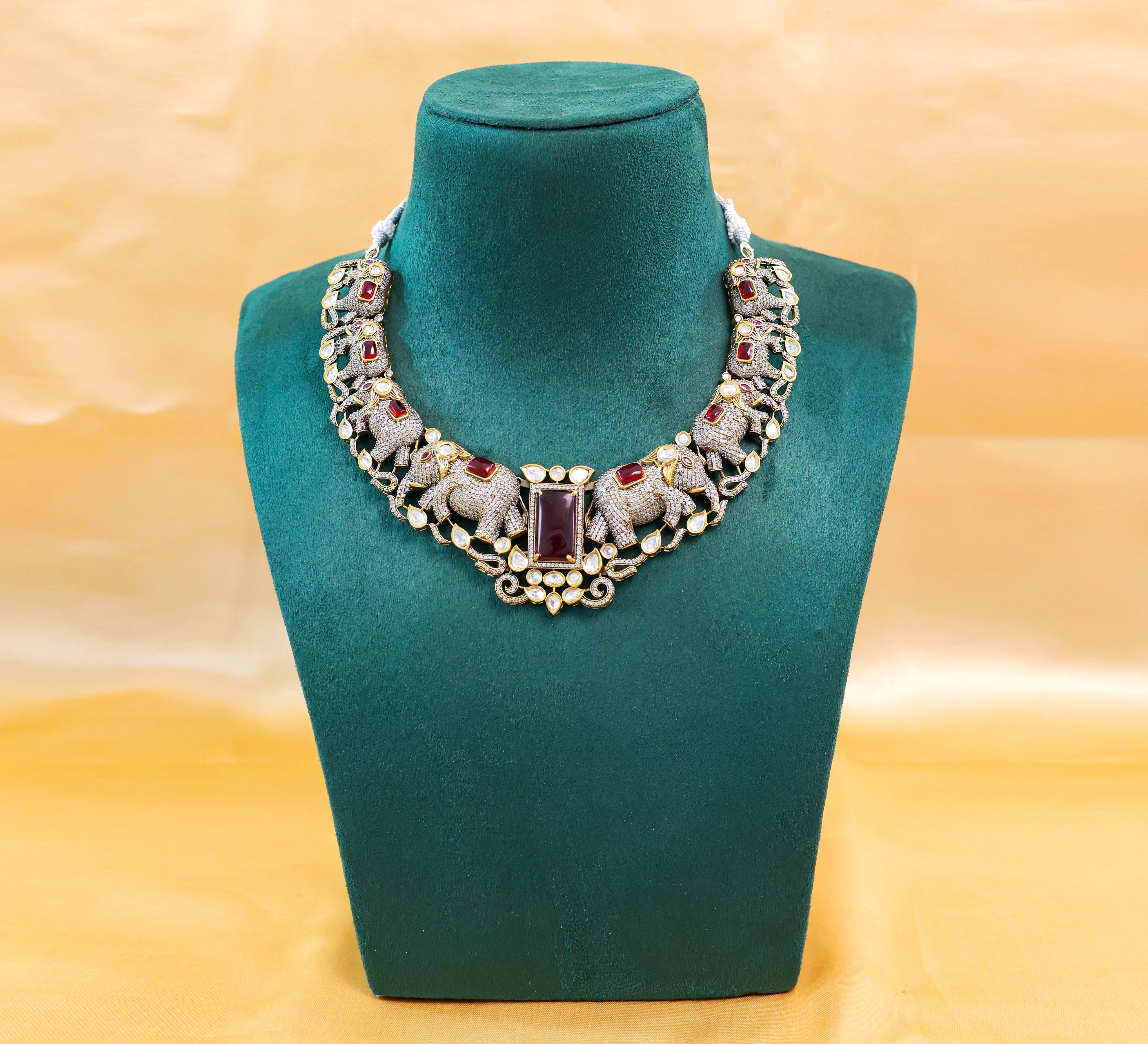 Victorian-Inspired Kundan Polki Necklace Set with Hydro Stones - Adisha Jewels