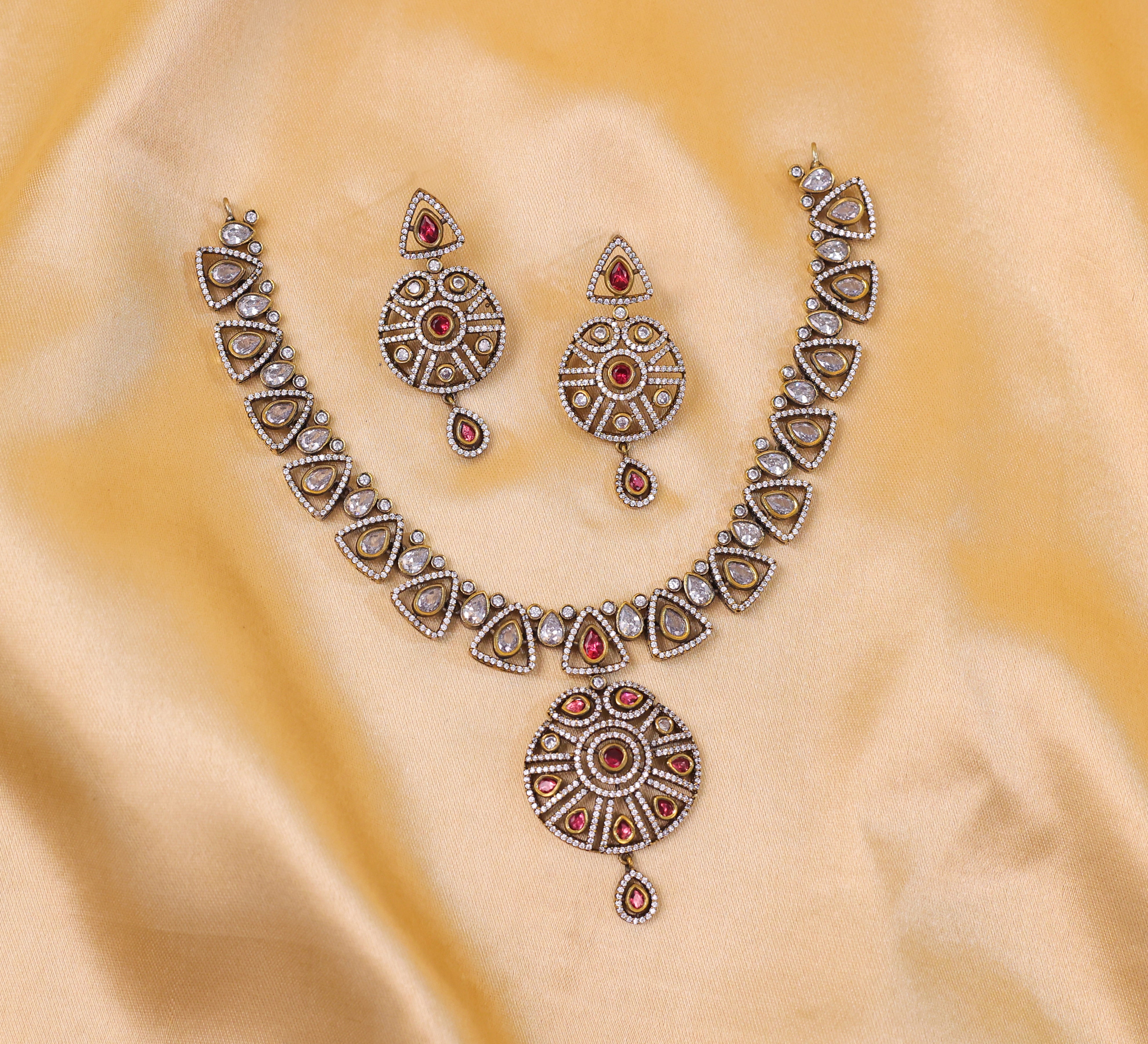 Victorian-Inspired Kundan Polki Necklace Set with Hydro Stones - Adisha Jewels