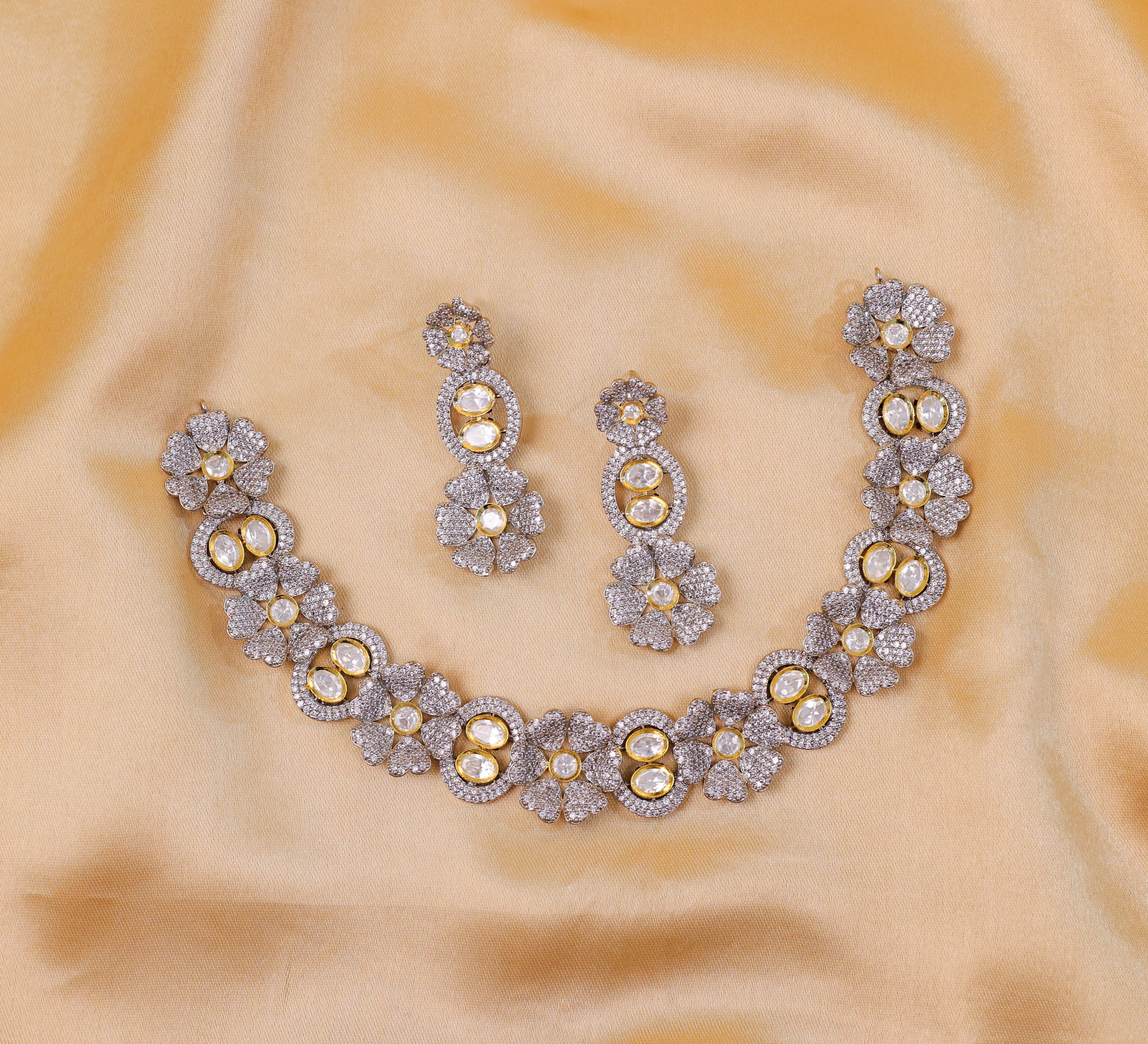 Kundan Polki and Hydro Stones Necklace Set in Antique Silver - Adisha Jewels