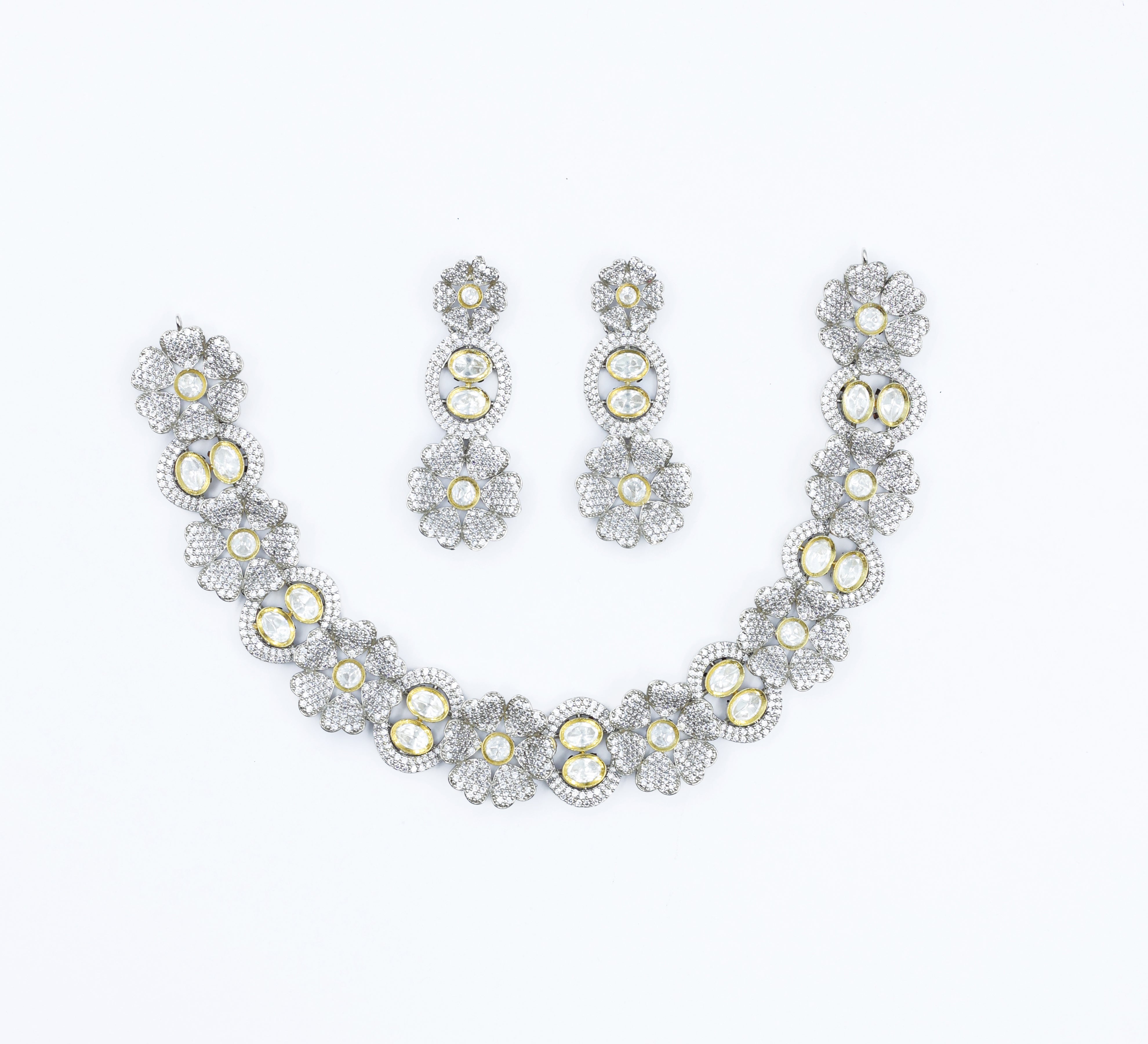 Kundan Polki and Hydro Stones Necklace Set in Antique Silver - Adisha Jewels