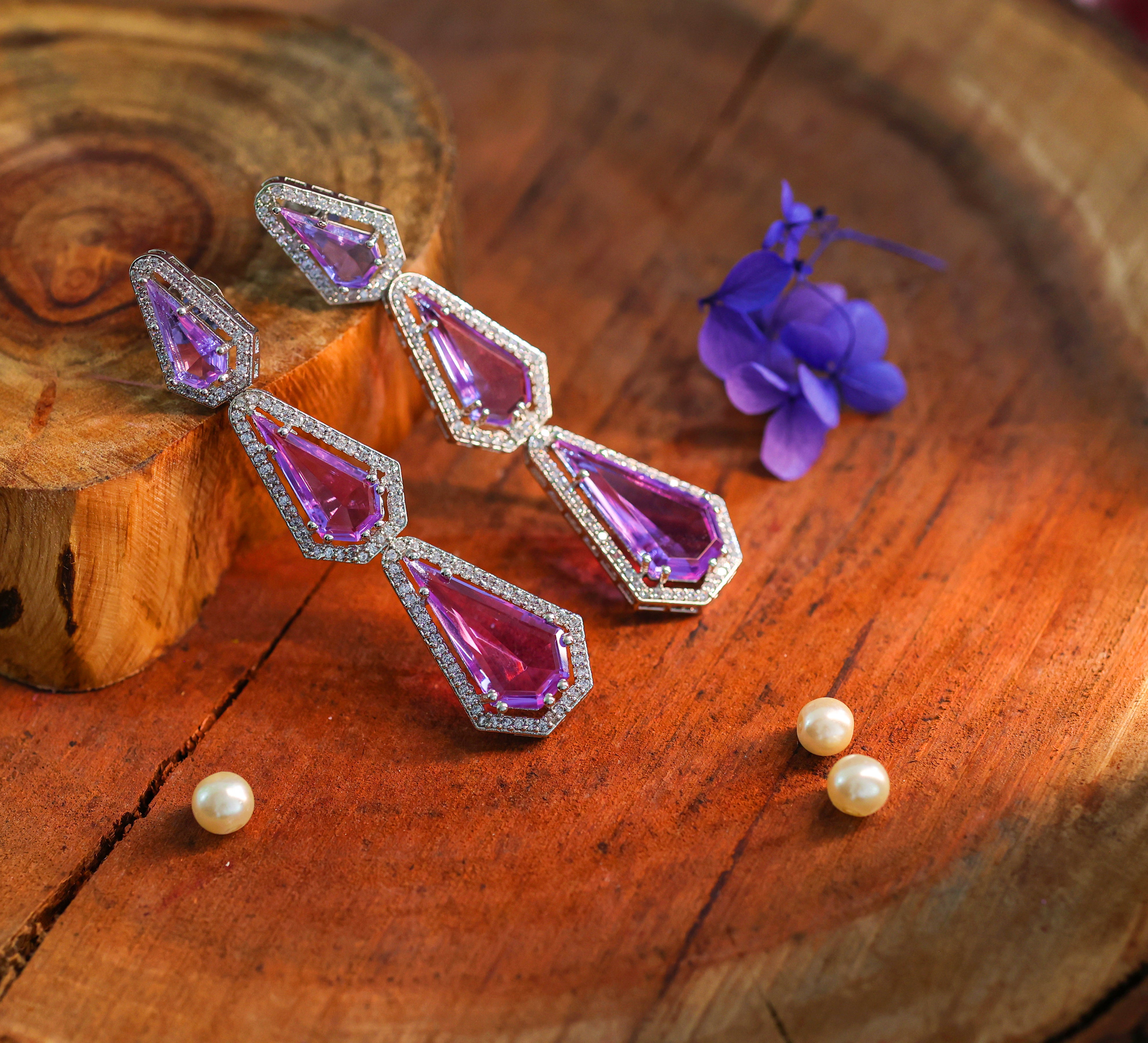 White-Plated Three-Tiered Earrings with Hydro Stones - Adisha Jewels