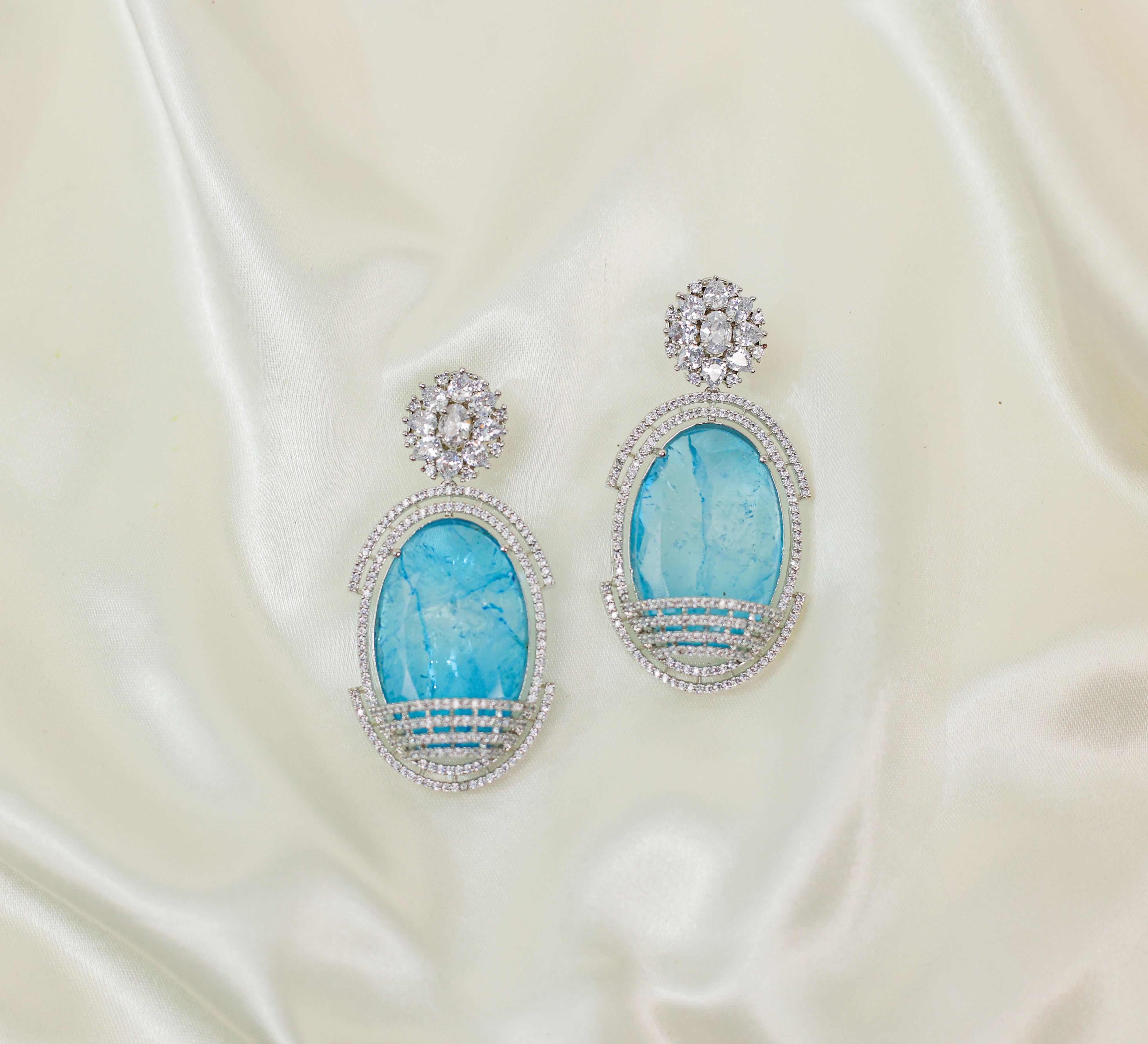 Doublet Stones Earrings with White Rhodium Plating - Adisha Jewels