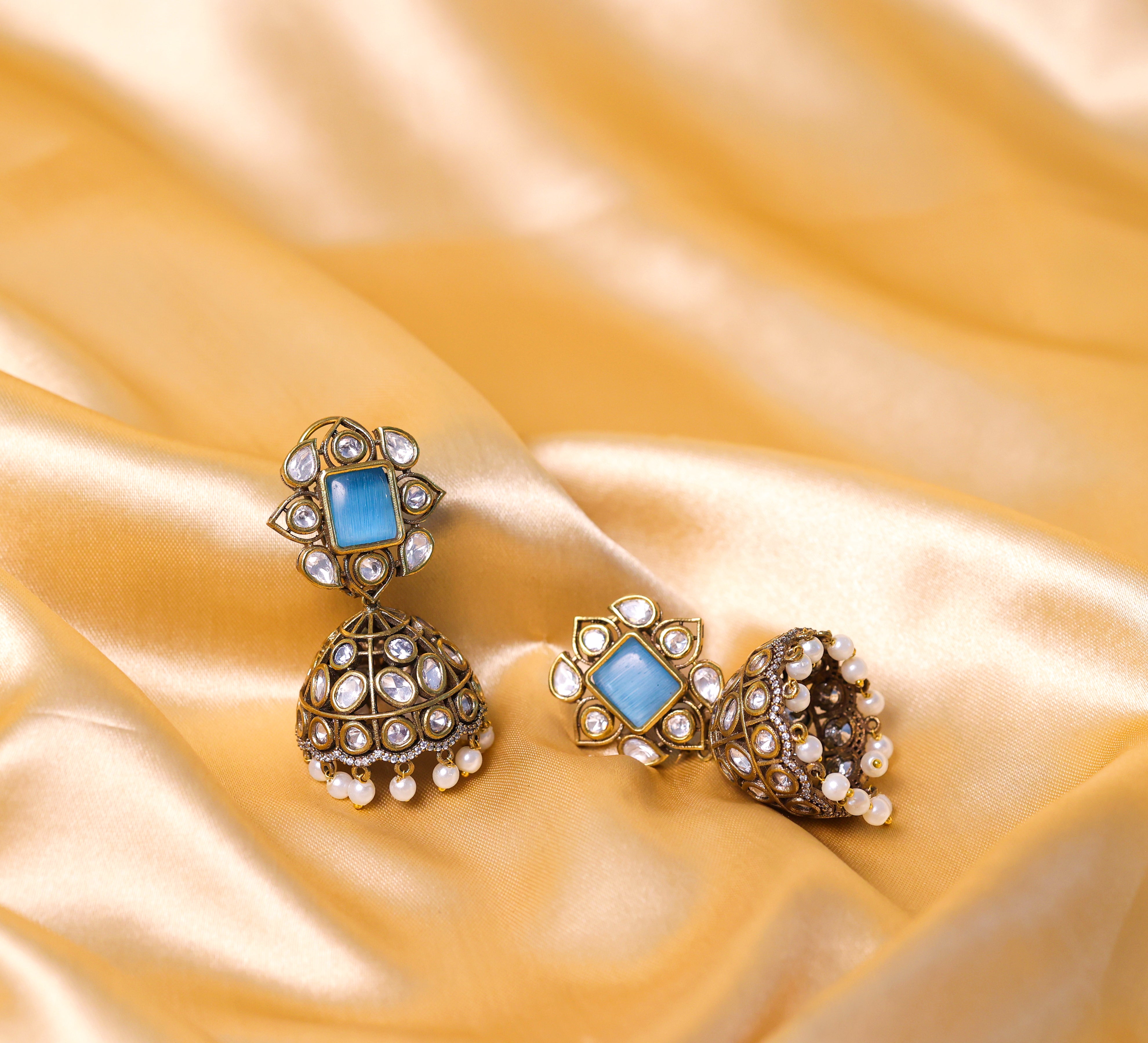 Silver Foil Victorian Jhumki Earrings with Kundan Polki and Hydro Stones - Adisha Jewels