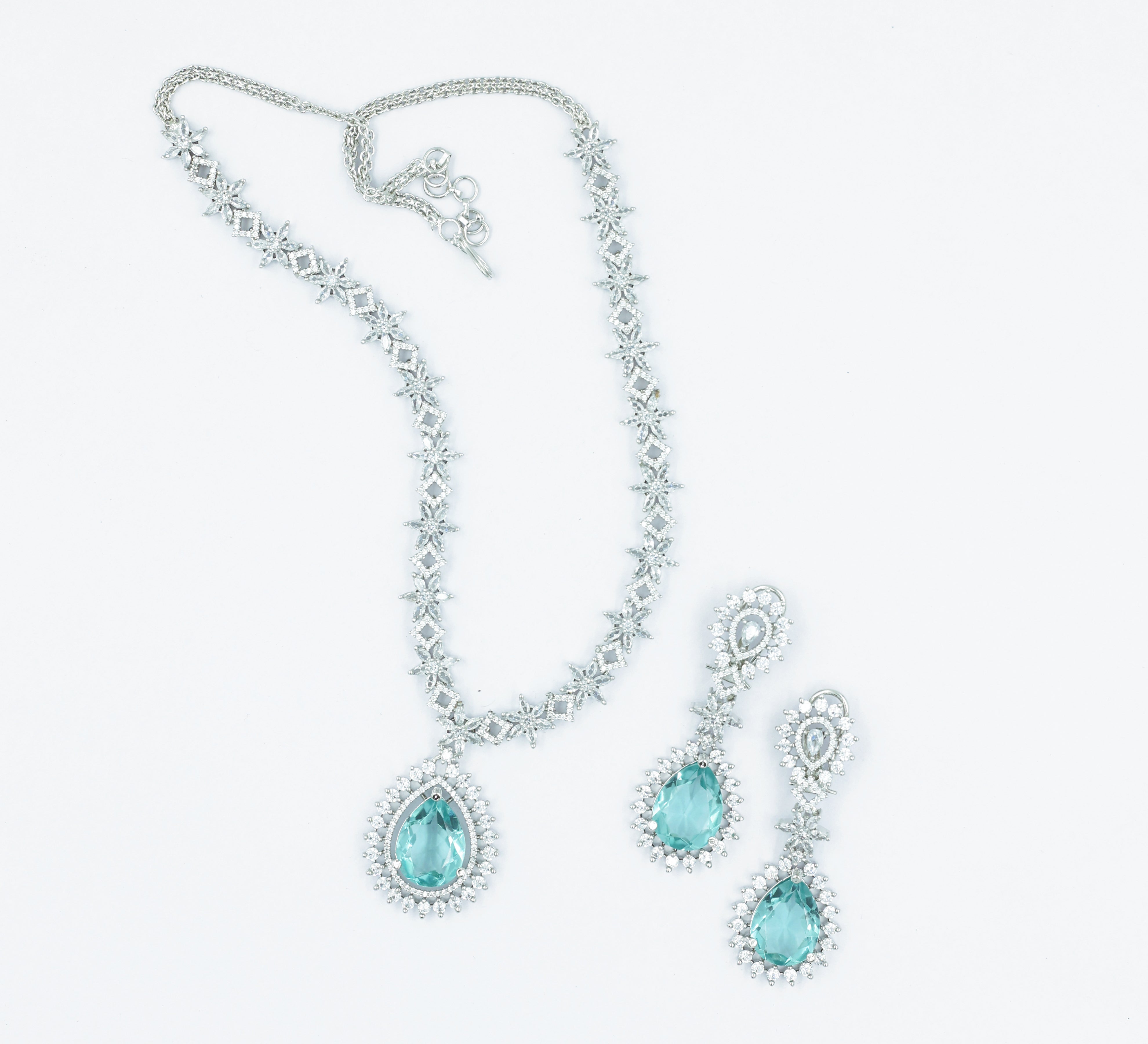 White Rhodium Necklace Set with Cubic Zirconia and Hydro Stones - Adisha Jewels