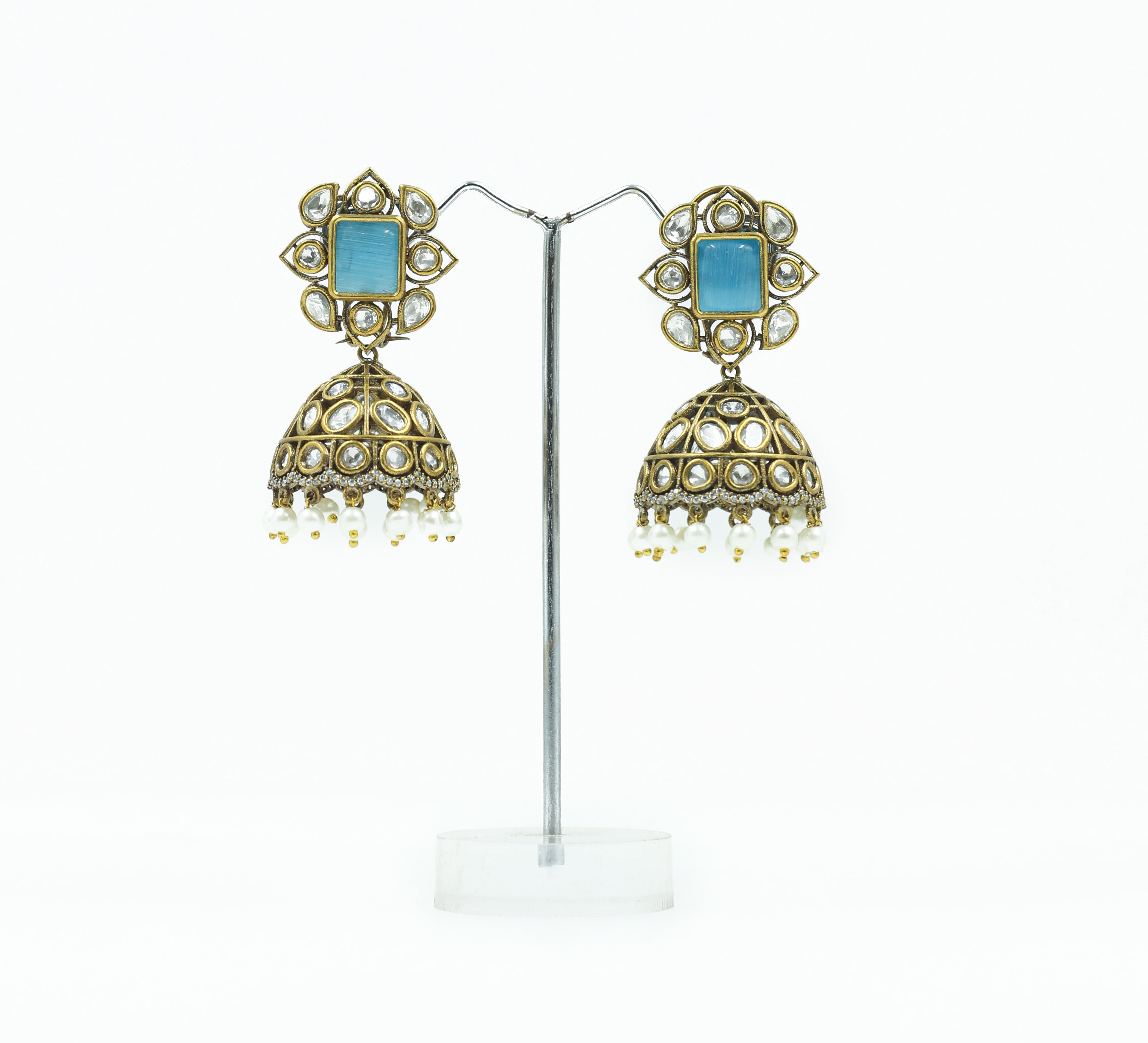 Silver Foil Victorian Jhumki Earrings with Kundan Polki and Hydro Stones - Adisha Jewels