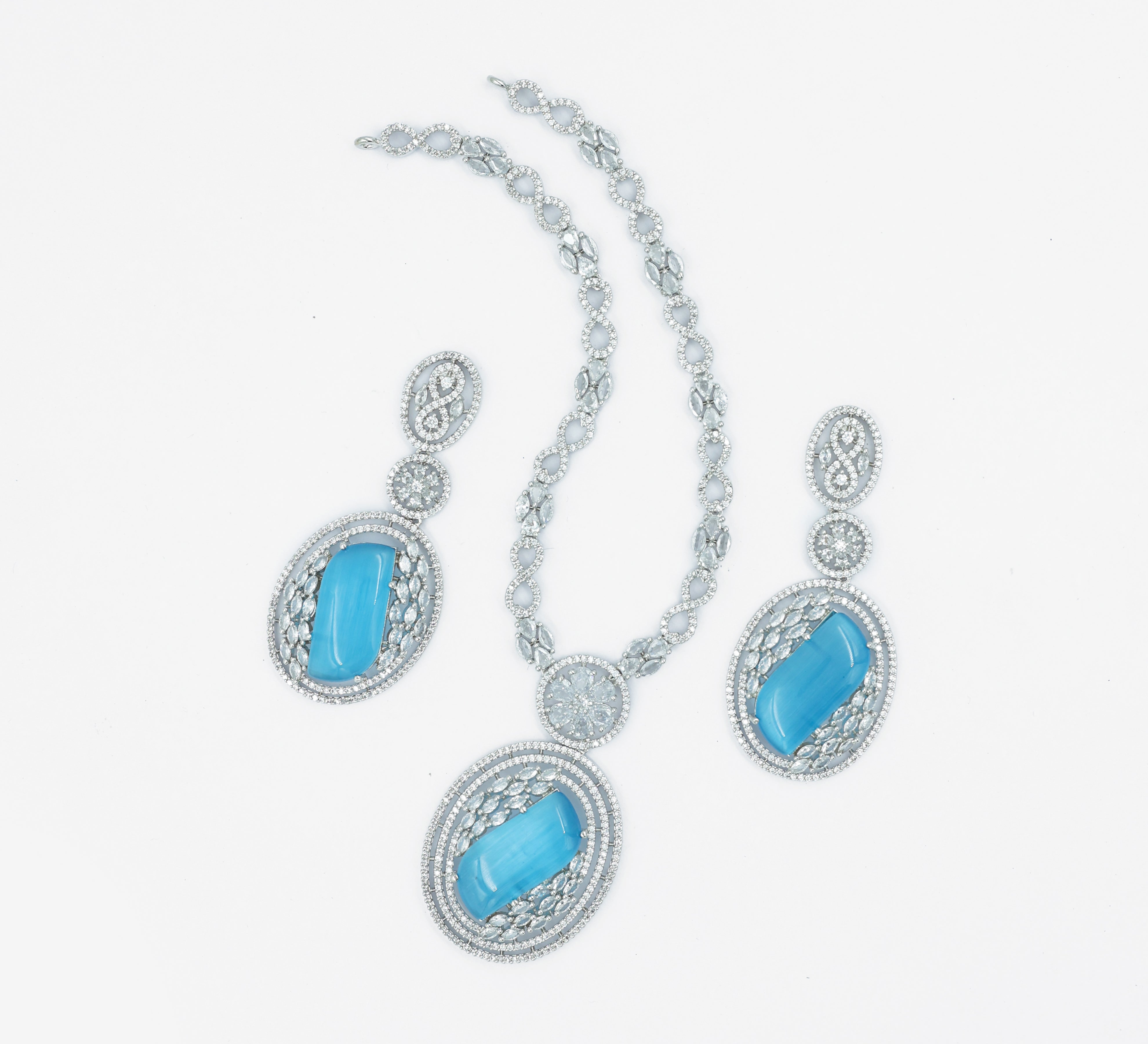 White Rhodium Necklace Set with Cubic Zirconia and Hydro Stones - Adisha Jewels