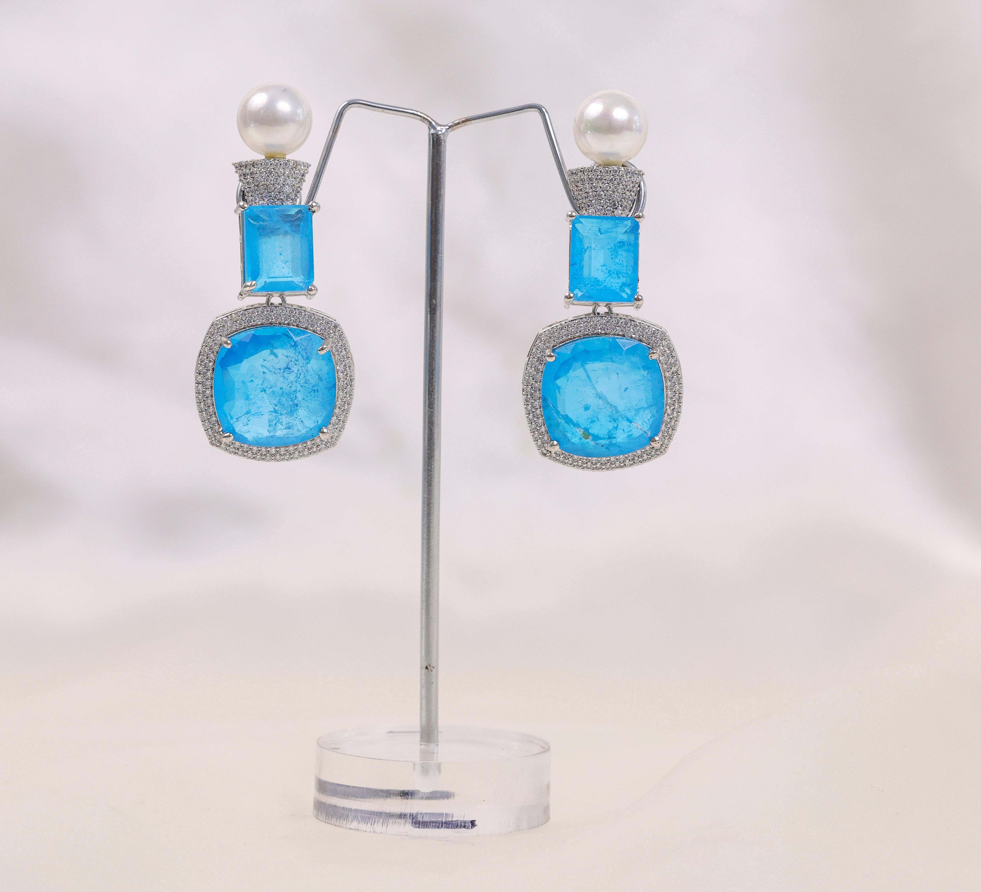 Earrings with Doublet Stones and CZ Accents in White Rhodium - Adisha Jewels