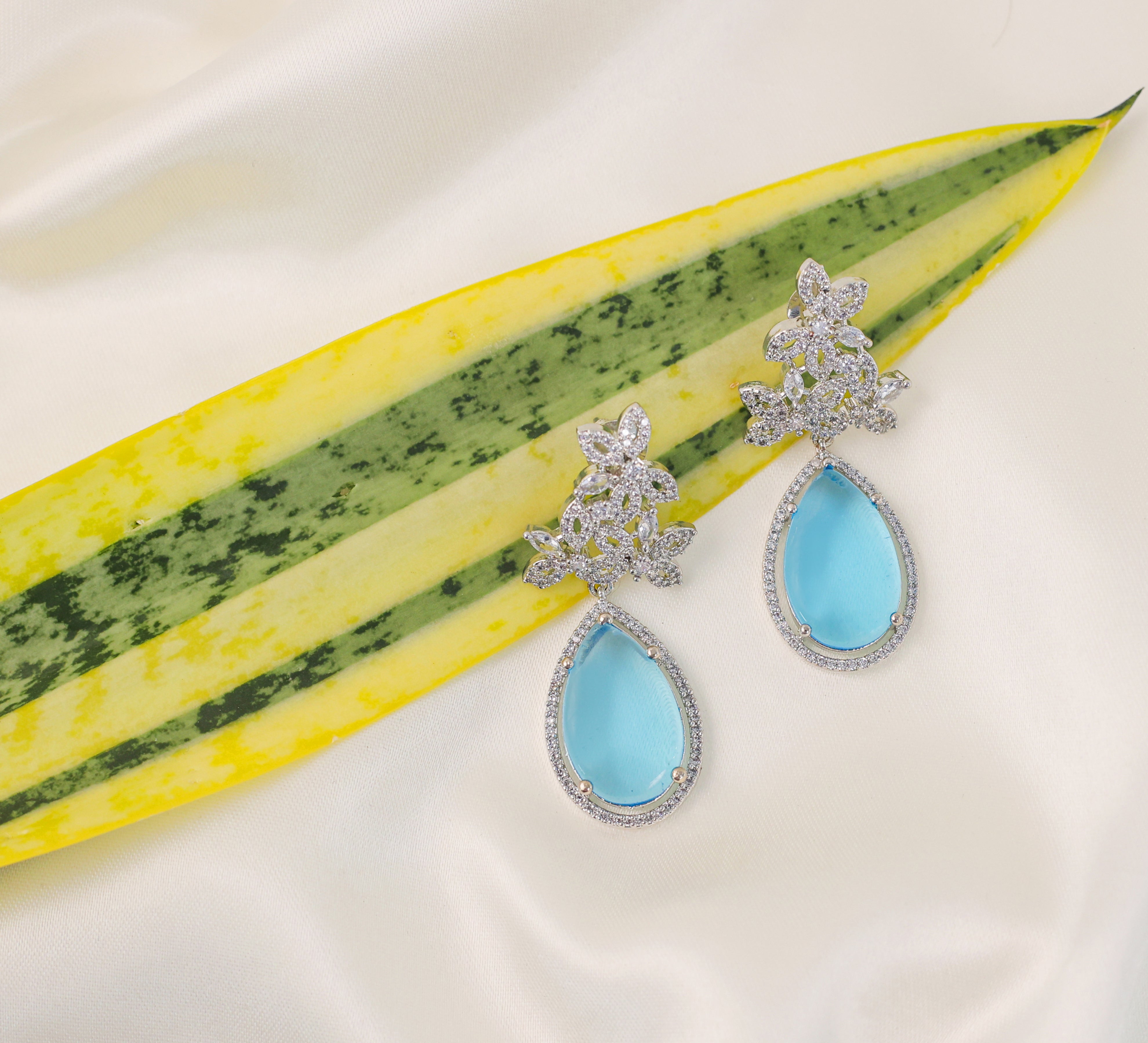 Hydro Stones Earrings with White Rhodium Plating - Adisha Jewels