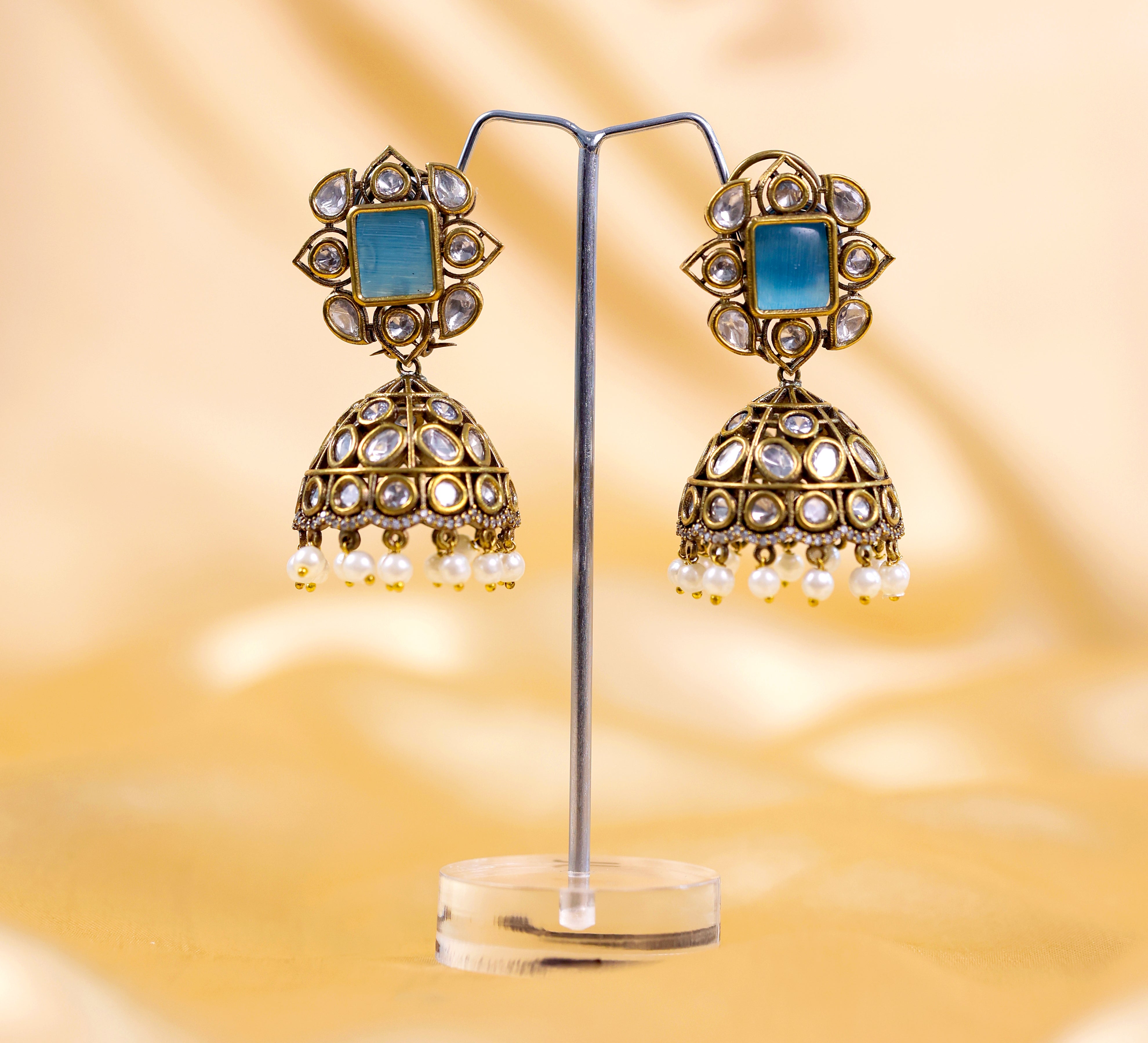 Silver Foil Victorian Jhumki Earrings with Kundan Polki and Hydro Stones - Adisha Jewels