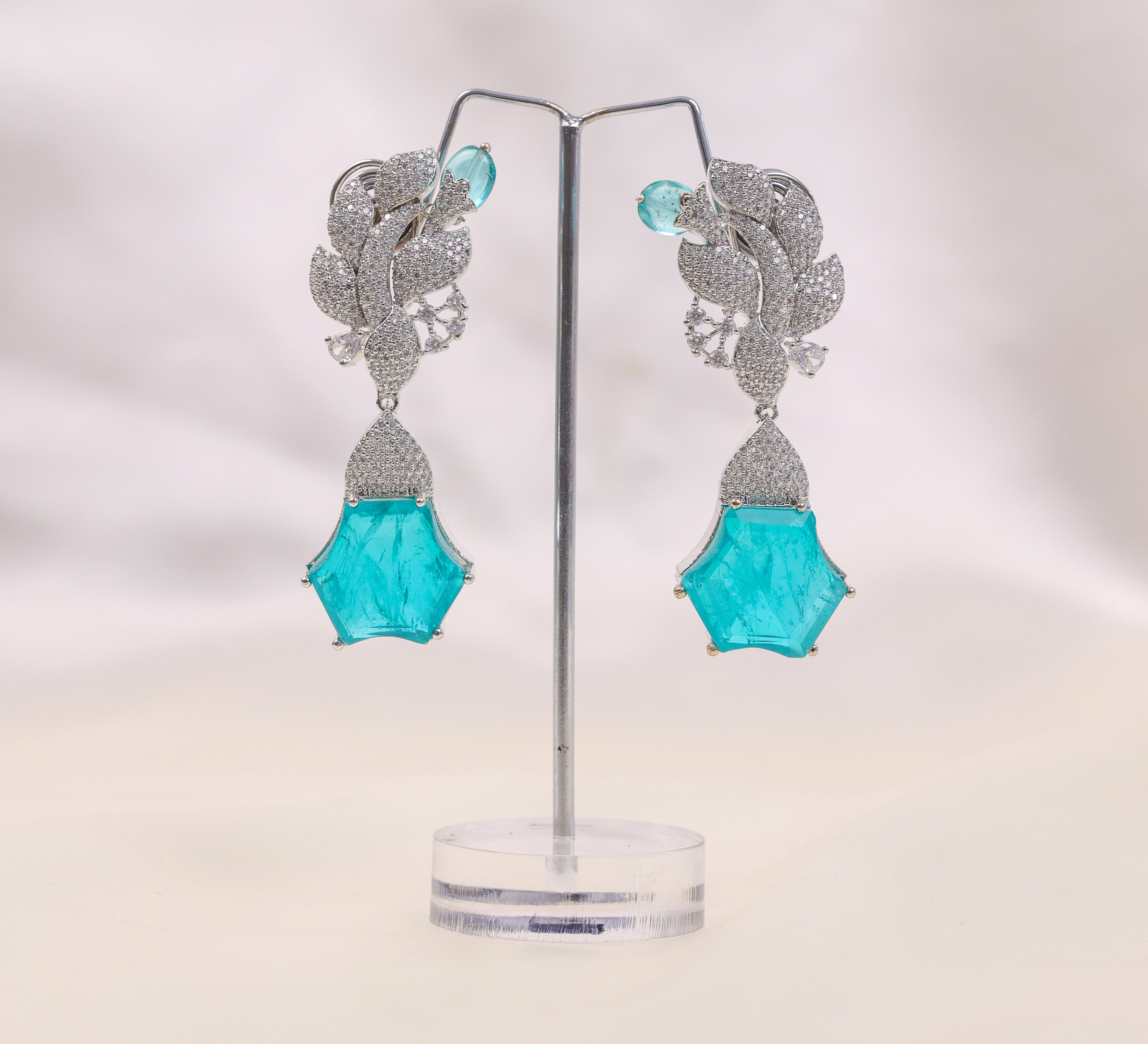 Beaded Earrings with Doublet Stones and CZ in White Rhodium - Adisha Jewels